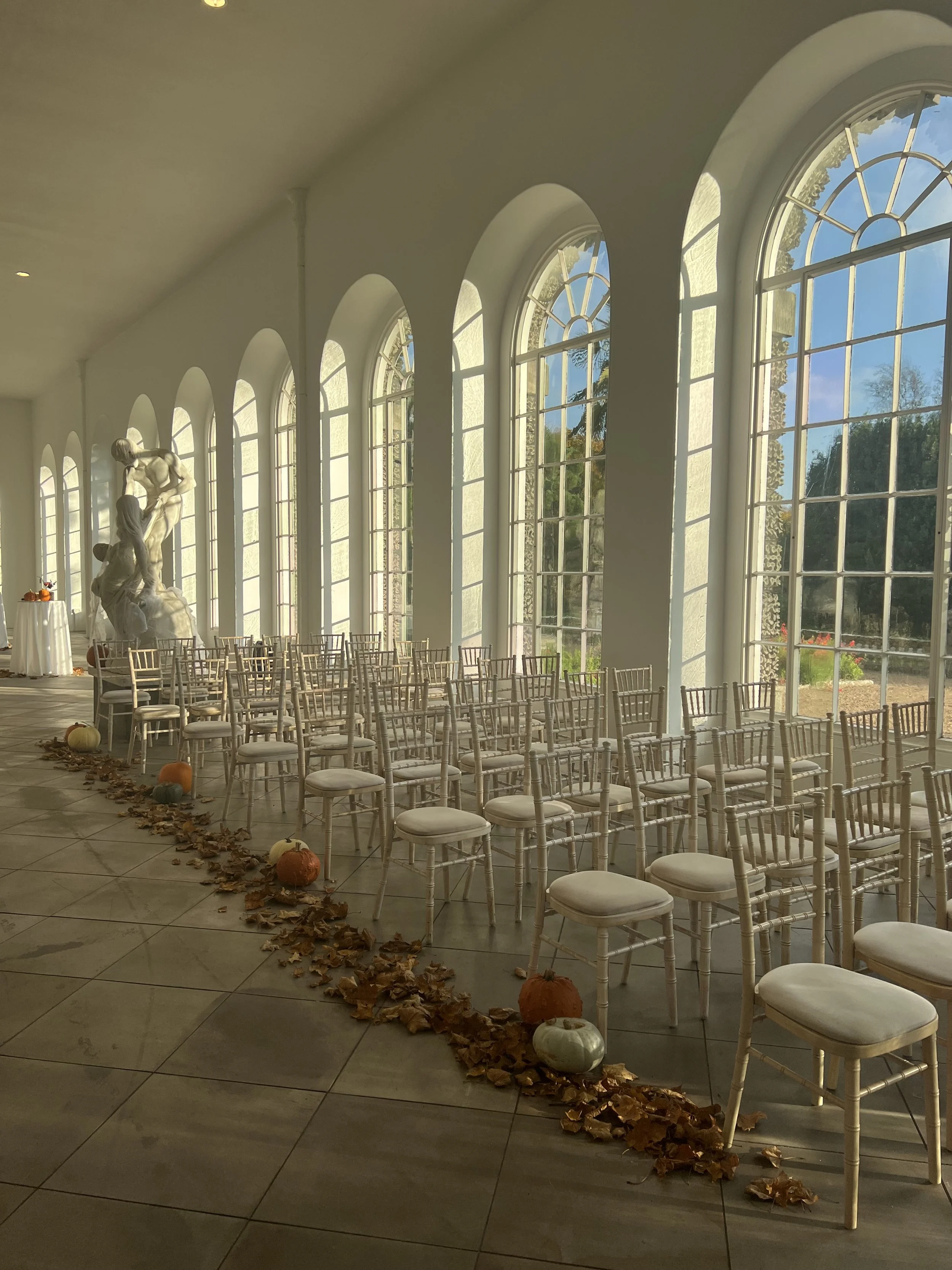 Wedding ceremony set up at Margam Orangery, Margam Country Park, Neath Port Talbot, South Wales