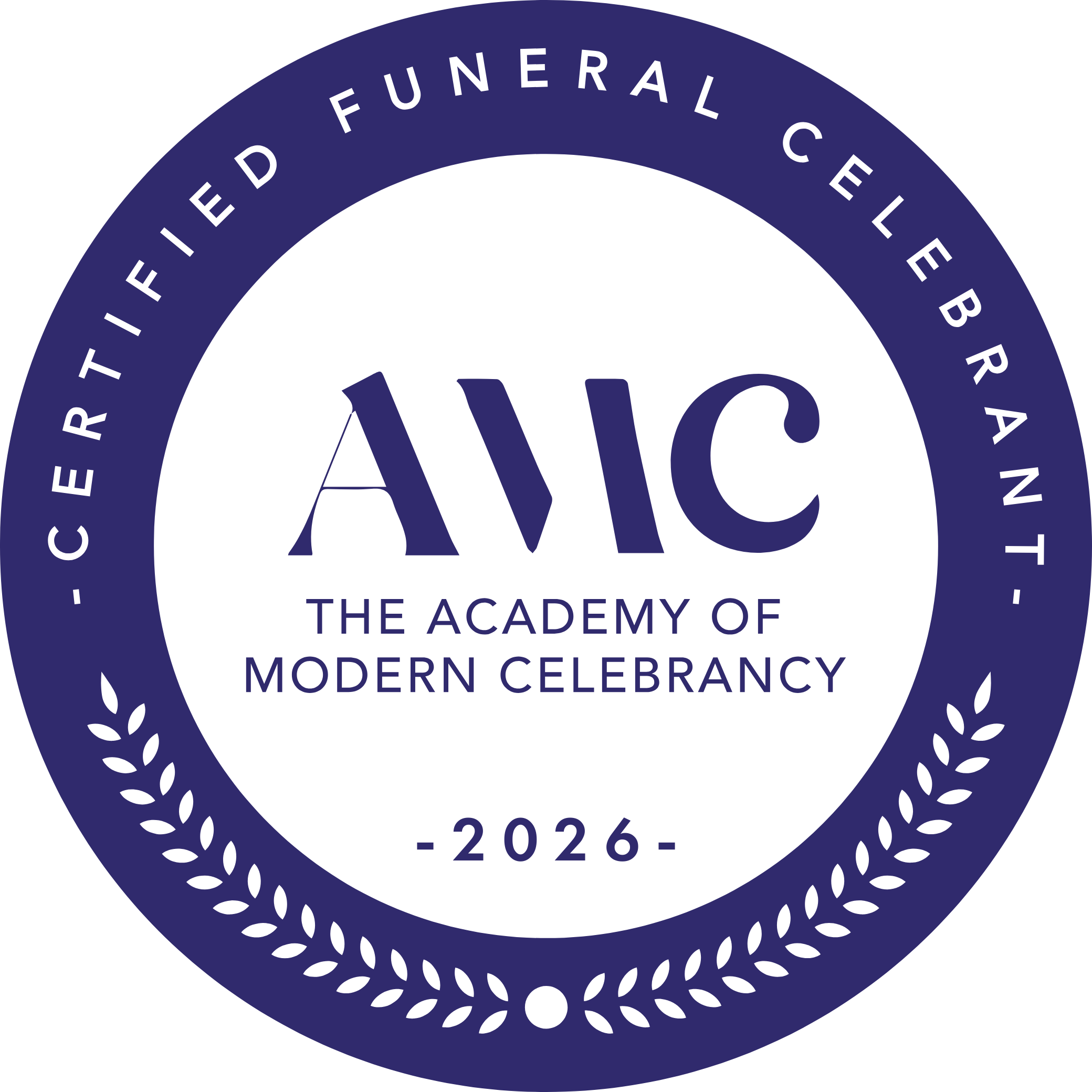 A circular emblem with purple background and black text that reads 'The Academy of Modern Celebrancy 2026, Certified Funeral Celebrant'