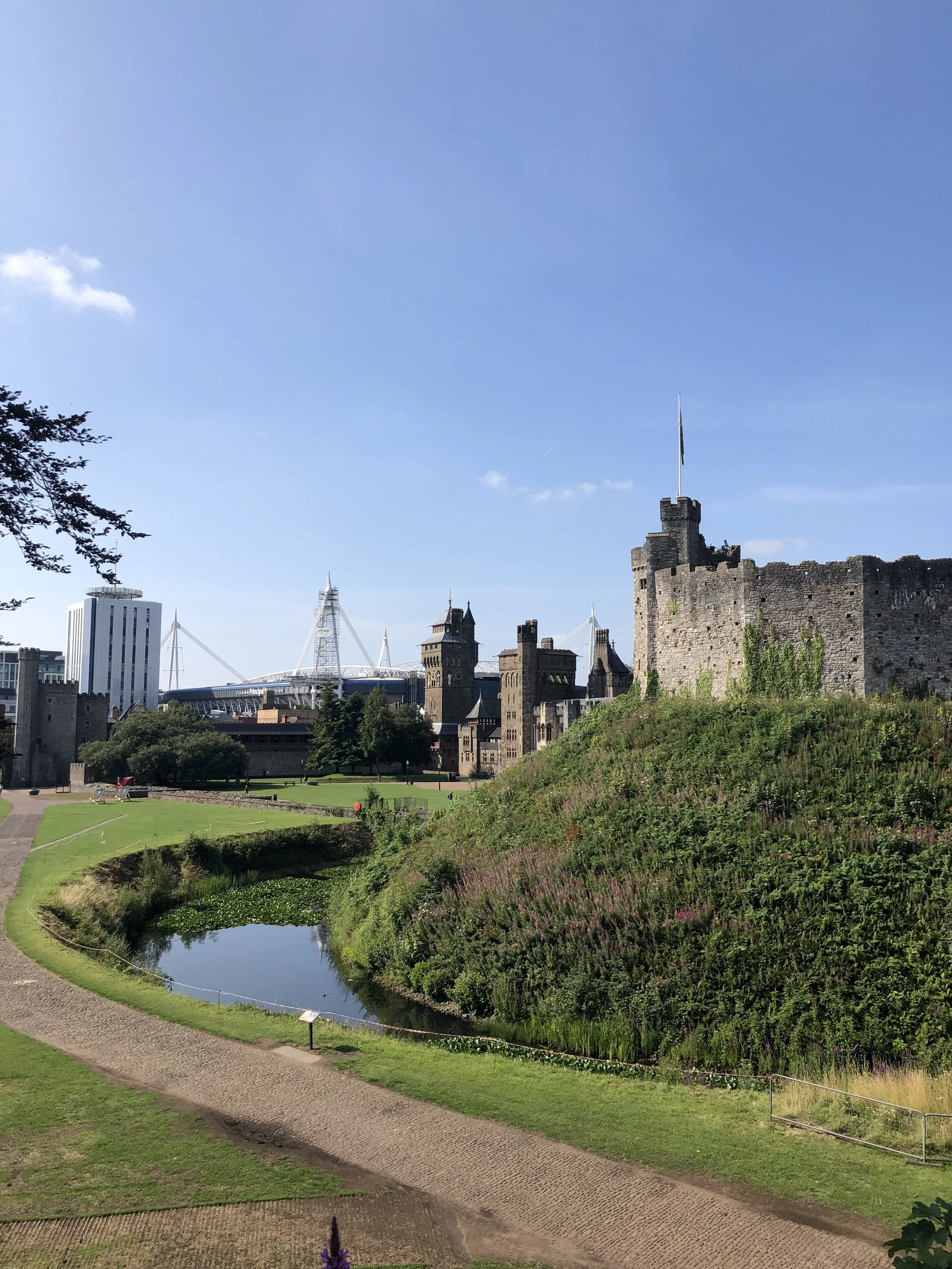Cardiff Castle, with Principality Stadium visible in the distance
