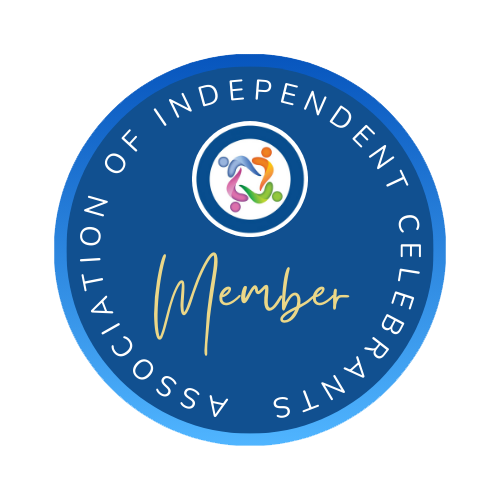 Blue circular badge with the text 'Association of Independent Celebrants' around the border, a colorful logo of interconnected abstract figures in the center, and the word 'Member' in gold cursive text in the middle.