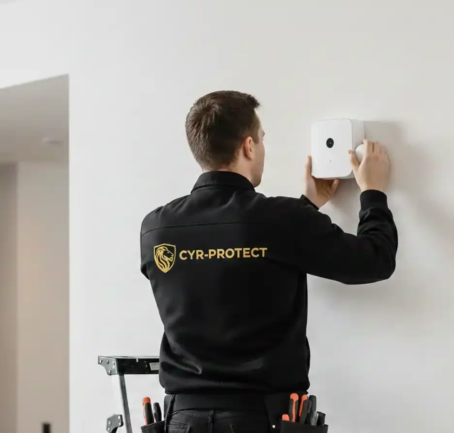 Installateur d’alarme Cyr-Protect posant un détecteur de mouvement pour sécuriser une habitation