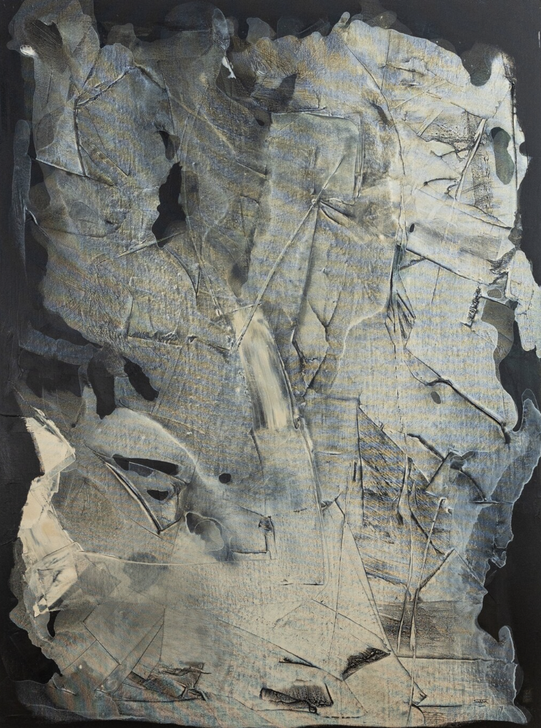 A close-up of a crumpled piece of paper or fabric with a wrinkled texture and uneven surface, featuring a muted color palette of gray, beige, and light brown.