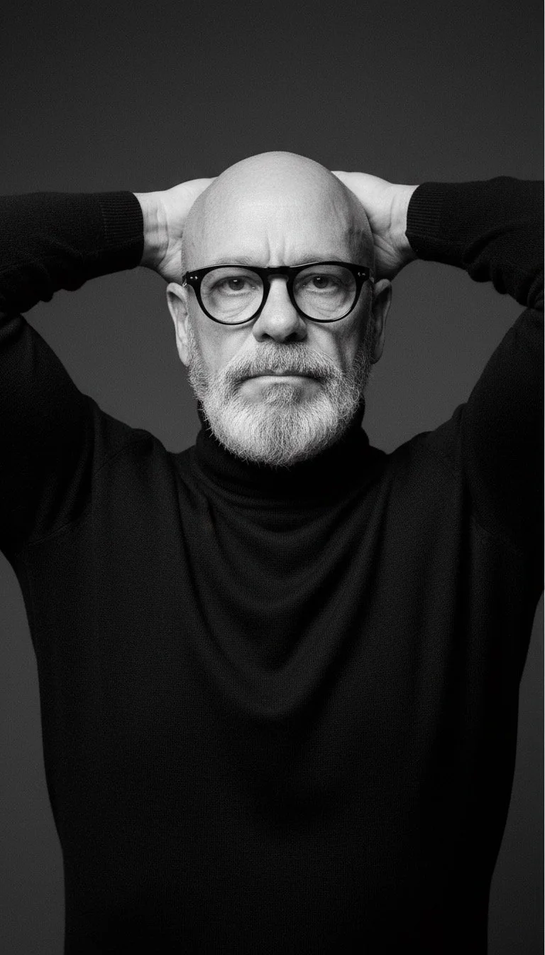 Black and white portrait of a middle-aged man with glasses, a beard, and a bald head, wearing a black turtleneck, with his hands placed behind his head against a dark background.