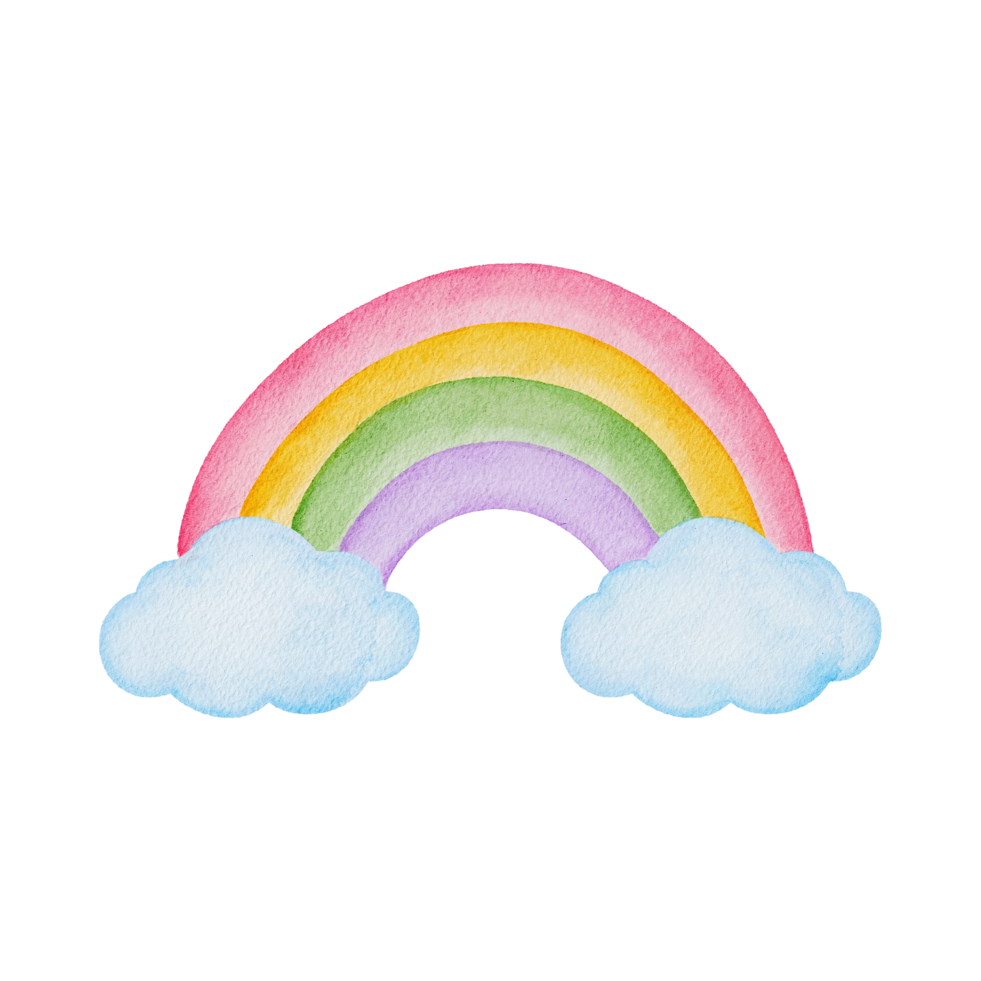 Watercolor illustration of a rainbow with five colors: pink, yellow, green, purple, and orange, arched over two fluffy clouds.