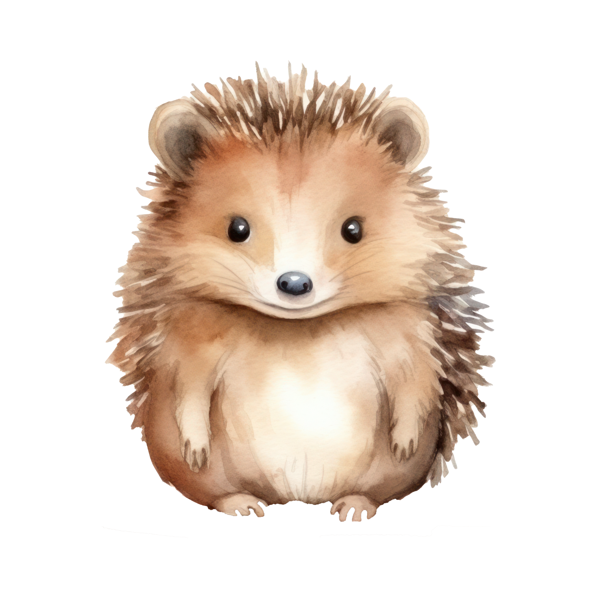Watercolor illustration of a cute hedgehog with big black eyes, small nose, and tiny paws, standing on its hind legs.