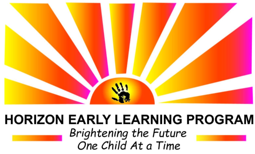 Sunrise or sunset graphic with sun and rays in yellow, orange, and pink, featuring a black handprint at the center. Text reads 'Horizon Early Learning Program' with the tagline 'Brightening the Future One Child At a Time'.