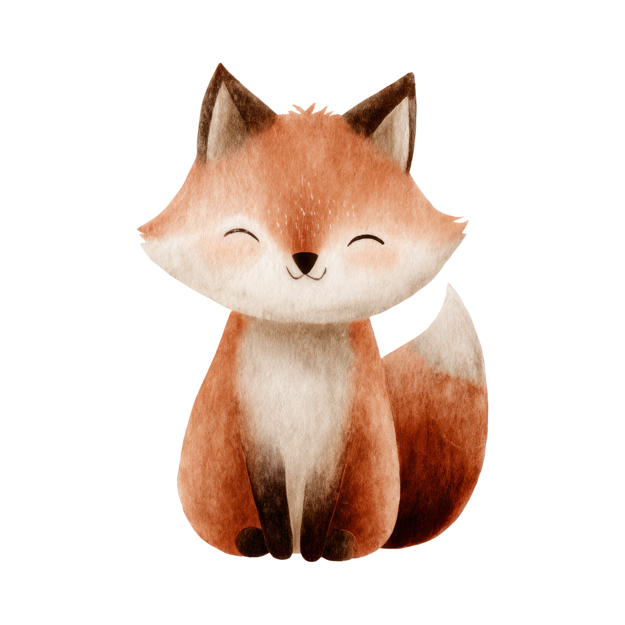 Cute, smiling illustrated fox with closed eyes, sitting with a bushy tail, in watercolor style.
