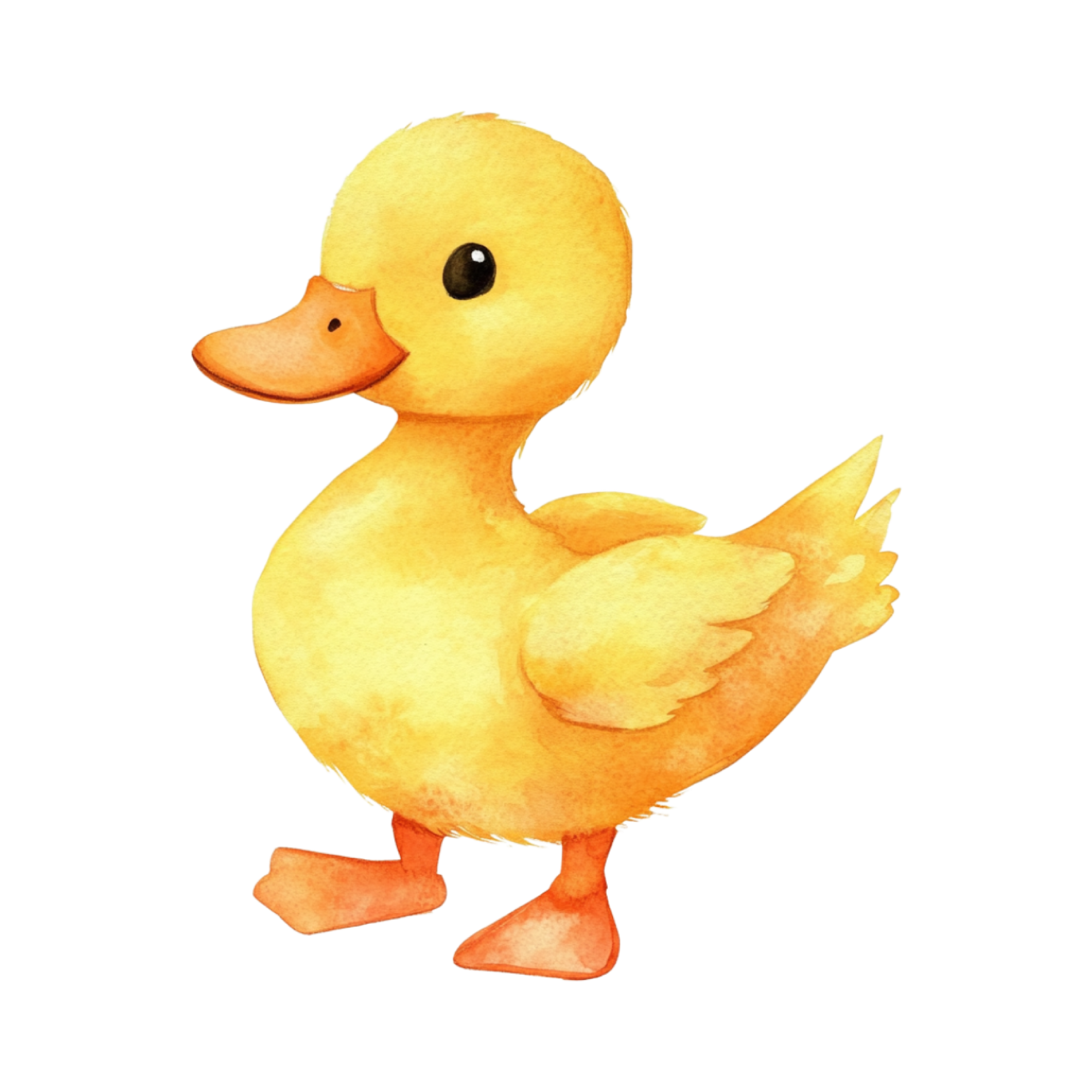 Watercolor illustration of a yellow duckling with orange beak and feet, facing slightly left.