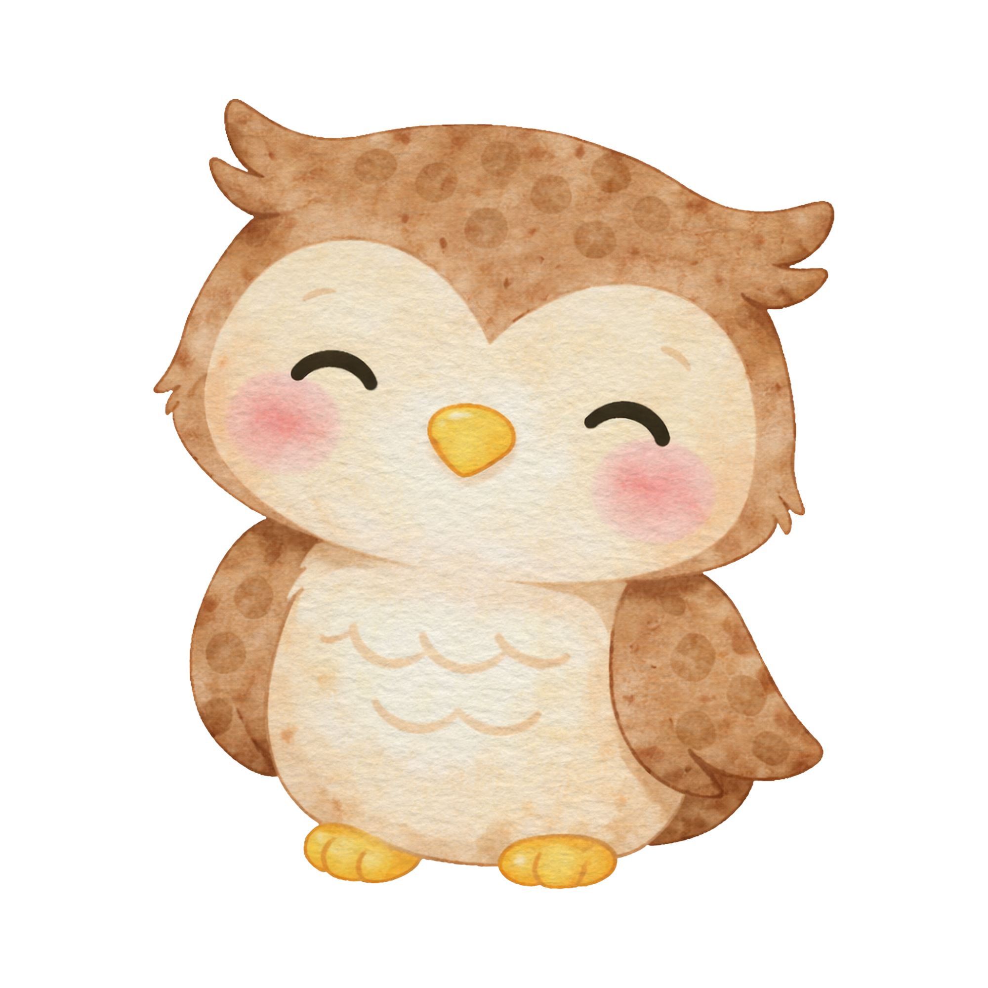 Cute watercolor illustration of a smiling baby owl with closed eyes, pink cheeks, and yellow feet.