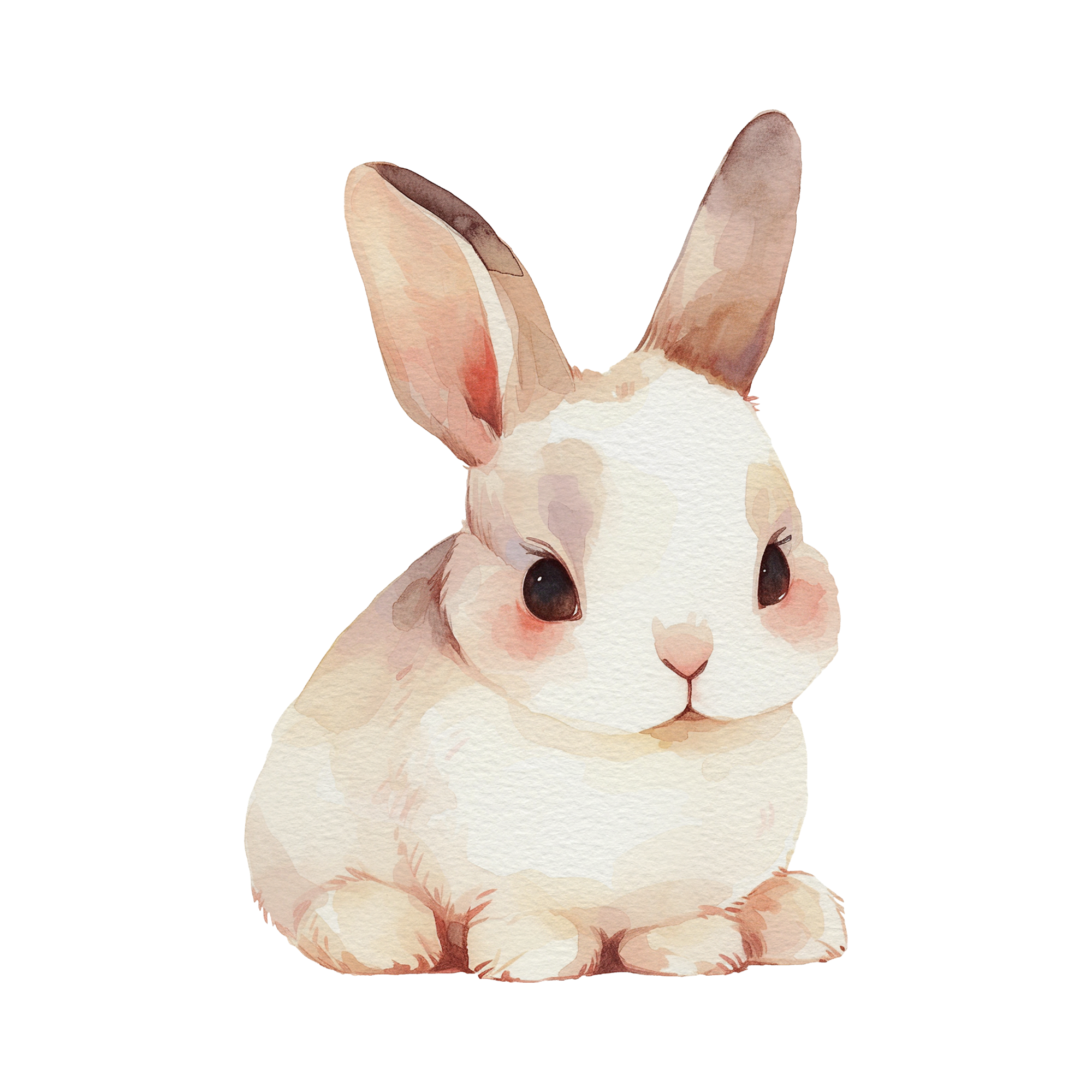 Watercolor illustration of a cute, fluffy white rabbit with pink cheeks and large ears, sitting on a black background.