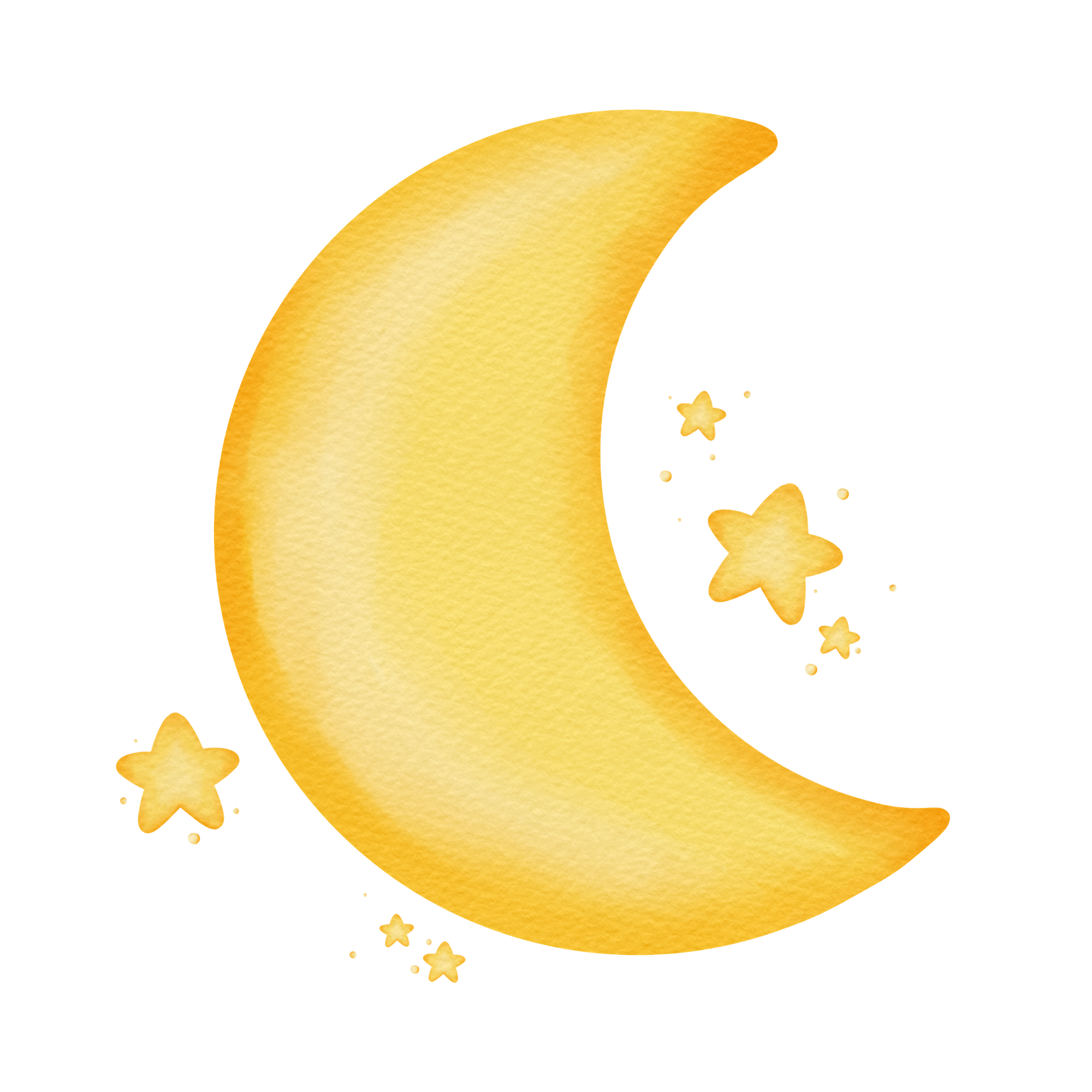 Illustration of a yellow crescent moon with small yellow stars around it on a black background.