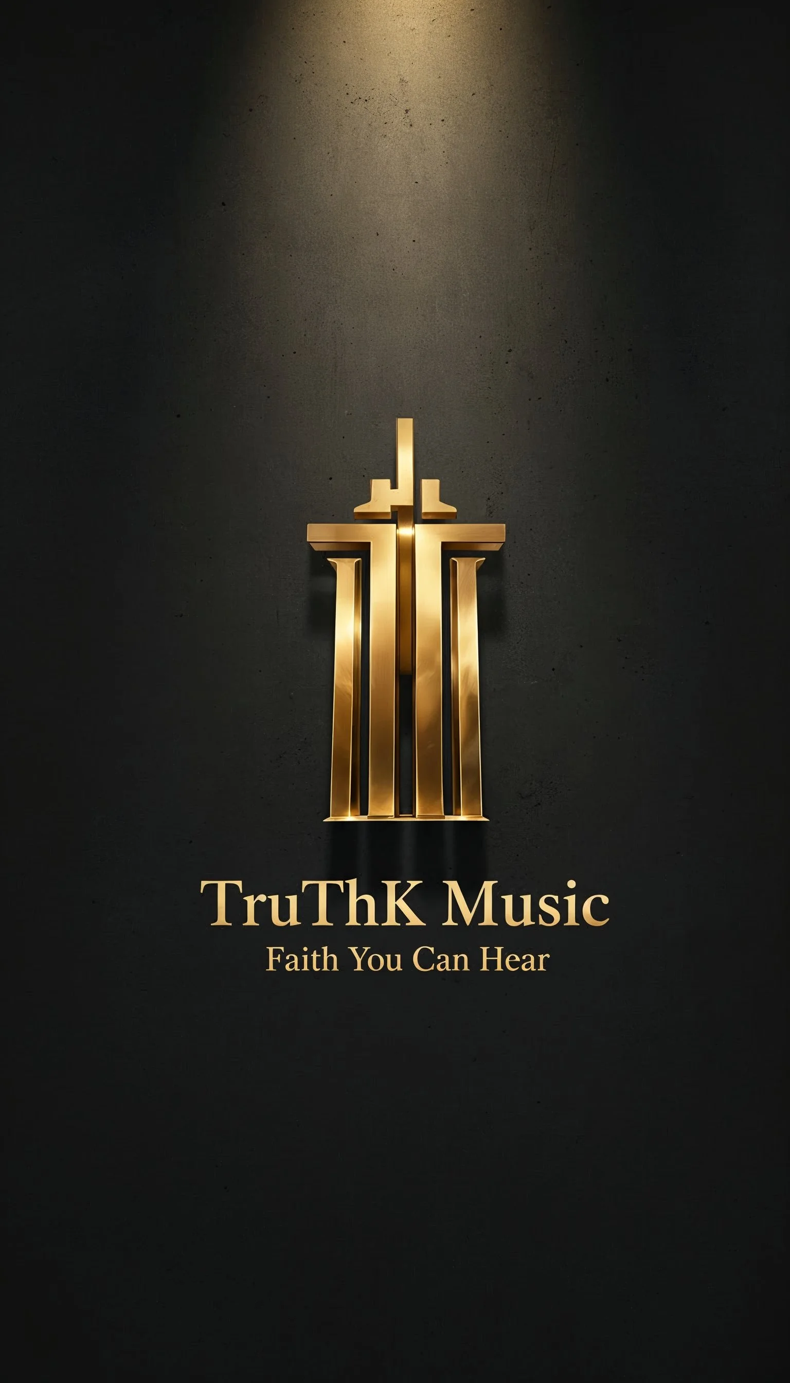 Gold logo resembling a cross with three vertical lines beneath it, on a dark background. Text reads "TruThK Music" and "Faith You Can Hear."