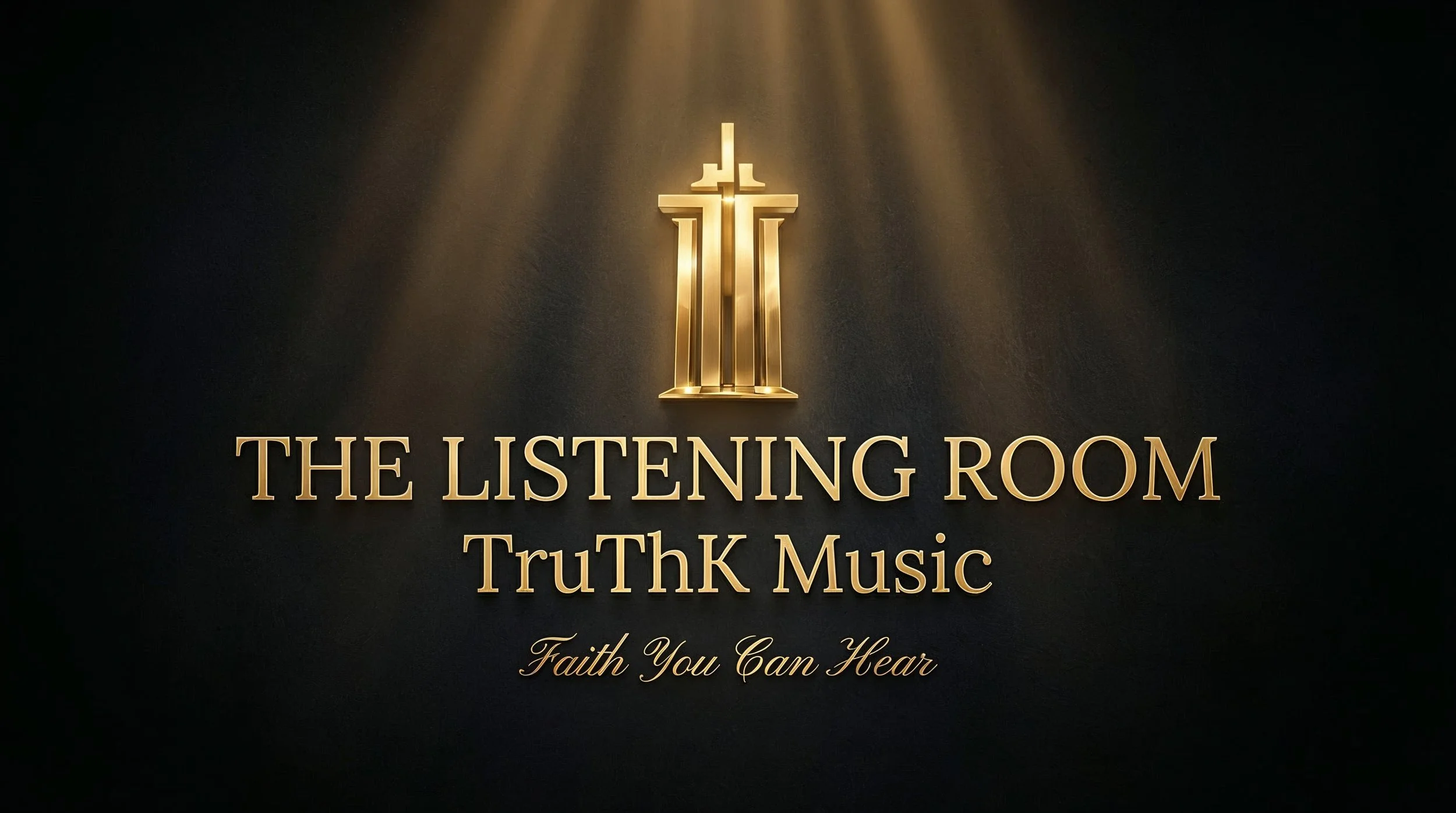 Golden church cross logo with rays of light shining down, text reads 'The Listening Room,' 'TruThk Music,' and 'Faith You Can Hear' on a dark background.