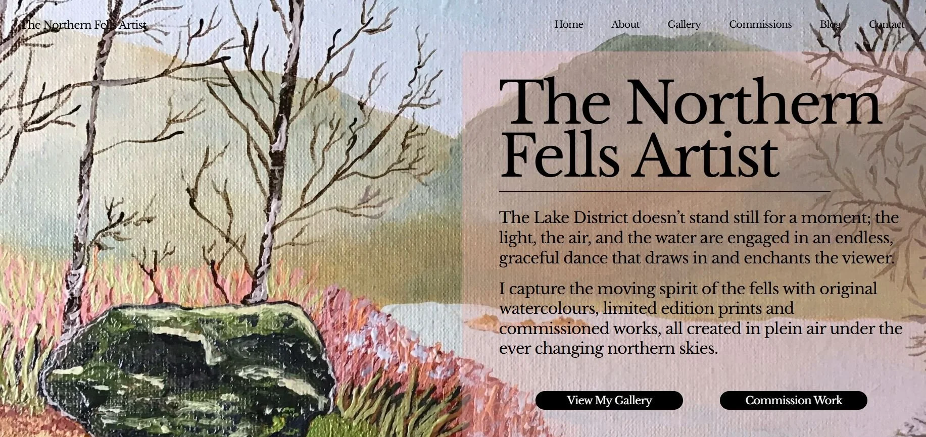 A watercolor painting of a landscape featuring leafless trees, tall grasses, and a large moss-covered rock in the foreground, with soft pastel colors in the background.