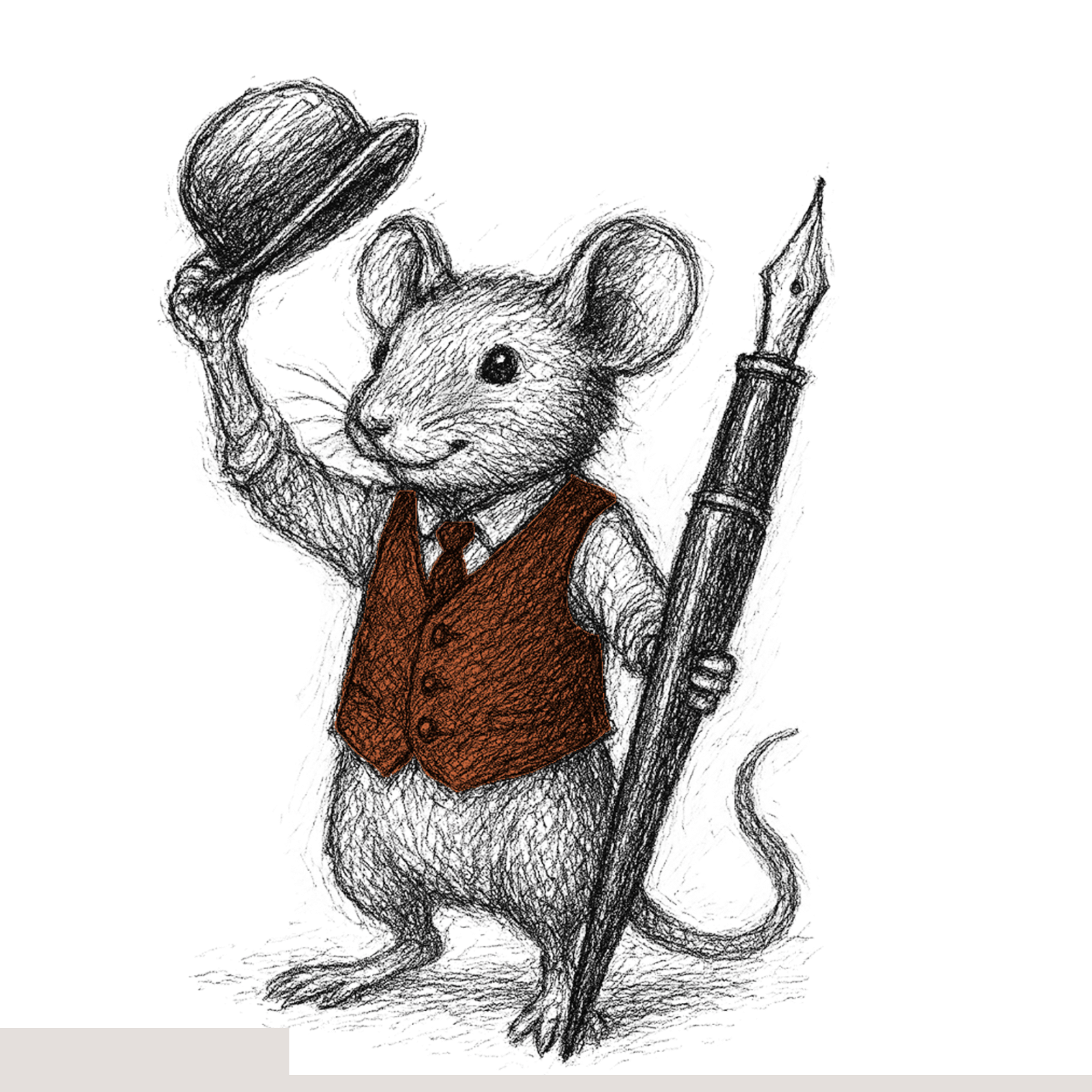 Drawing of a mouse dressed in a brown vest and tie, holding a bowler hat in one hand and a large fountain pen in the other.
