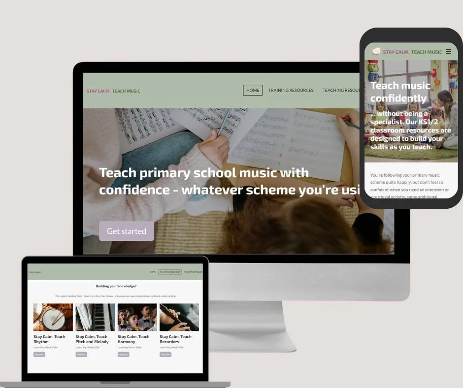 Screenshot of a website offering primary school music teaching resources, shown on a computer monitor and a smartphone, with sections about building confidence and training resources.