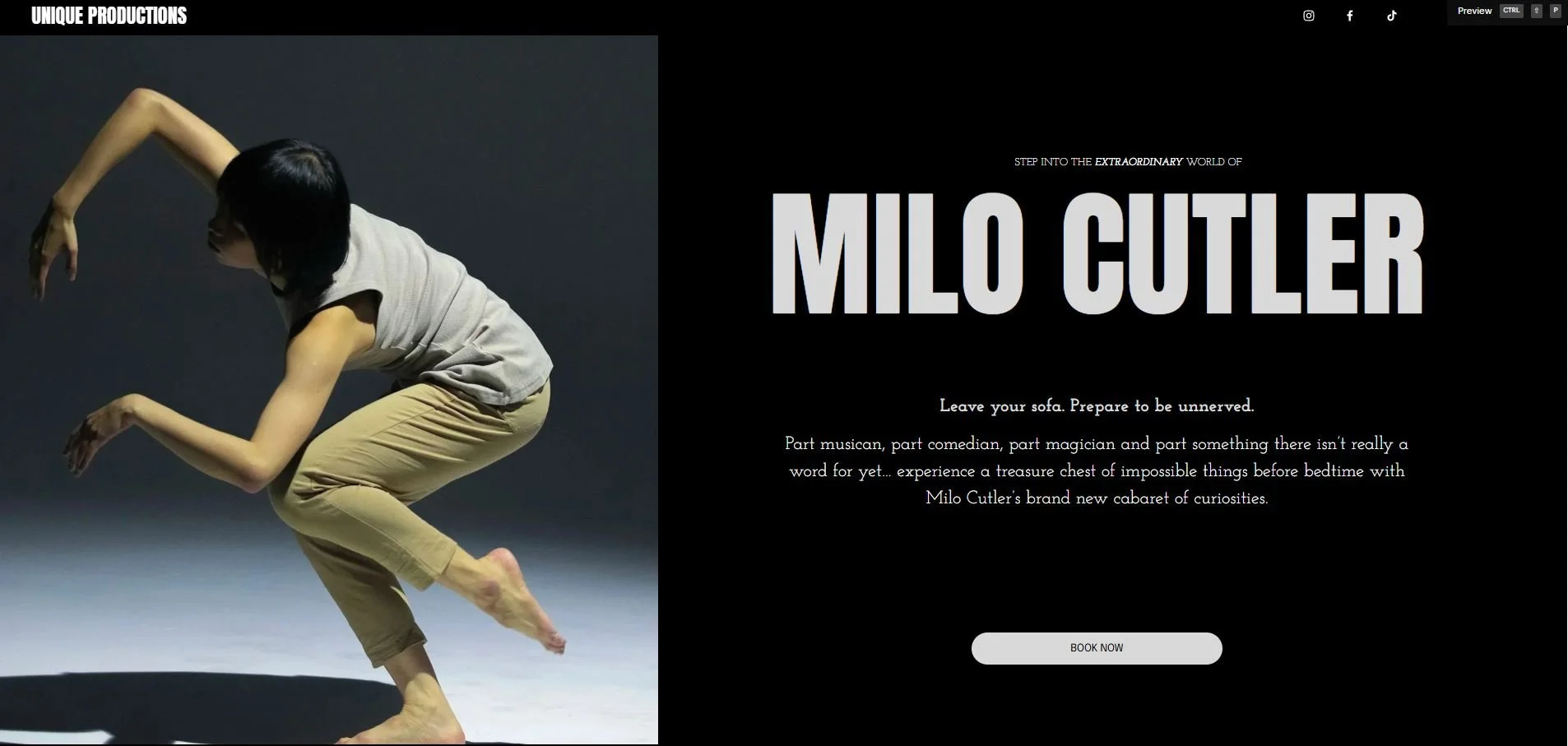 A person with black hair performing a contemporary dance move on a gray background, wearing a gray sleeveless top and beige pants, with text promoting Milo Cutler's cabaret and experiences on a black background.