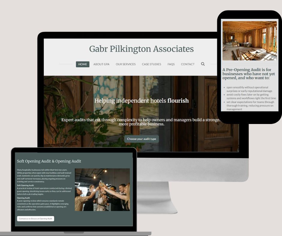 Screenshot of a website homepage for Gabr Pilkington Associates, an auditing firm for hotels. The page features sections about services, case studies, FAQ, and a pre-opening audit for new businesses. There are images of a hotel interior under construction and people celebrating at an event.