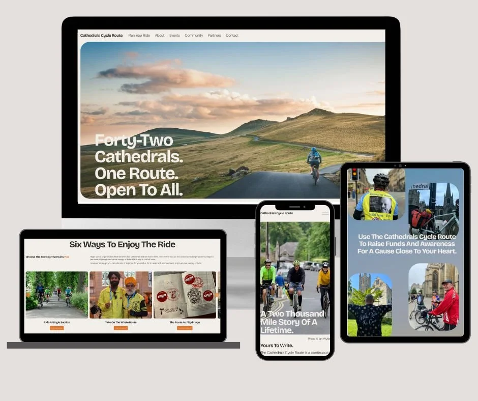 Multiple electronic devices displaying a website about a cycling route, with images of cyclists and scenic landscapes.