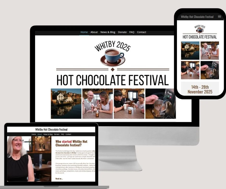 Screenshots of the Whitney Hot Chocolate Festival website displayed on a desktop computer, tablet, and smartphone, showcasing event details, photos of people enjoying hot chocolate, and festival dates in November 2025.