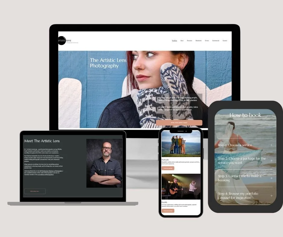 Multiple electronic devices displaying a photography business website, featuring a woman with red hair and gloves, a profile of a bearded man, landscape portraits, and a guide on booking photography services.