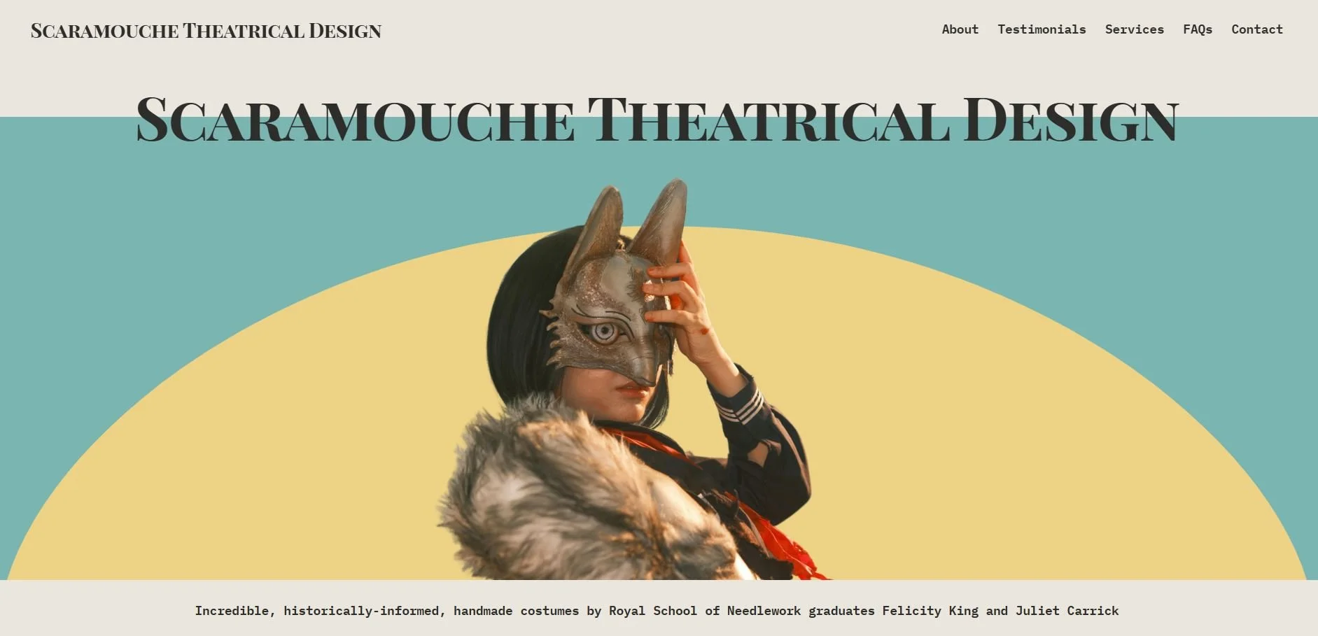 Website homepage for Scaramouche Theatrical Design featuring a woman wearing a fox mask, with a multicolored background and navigation menu.