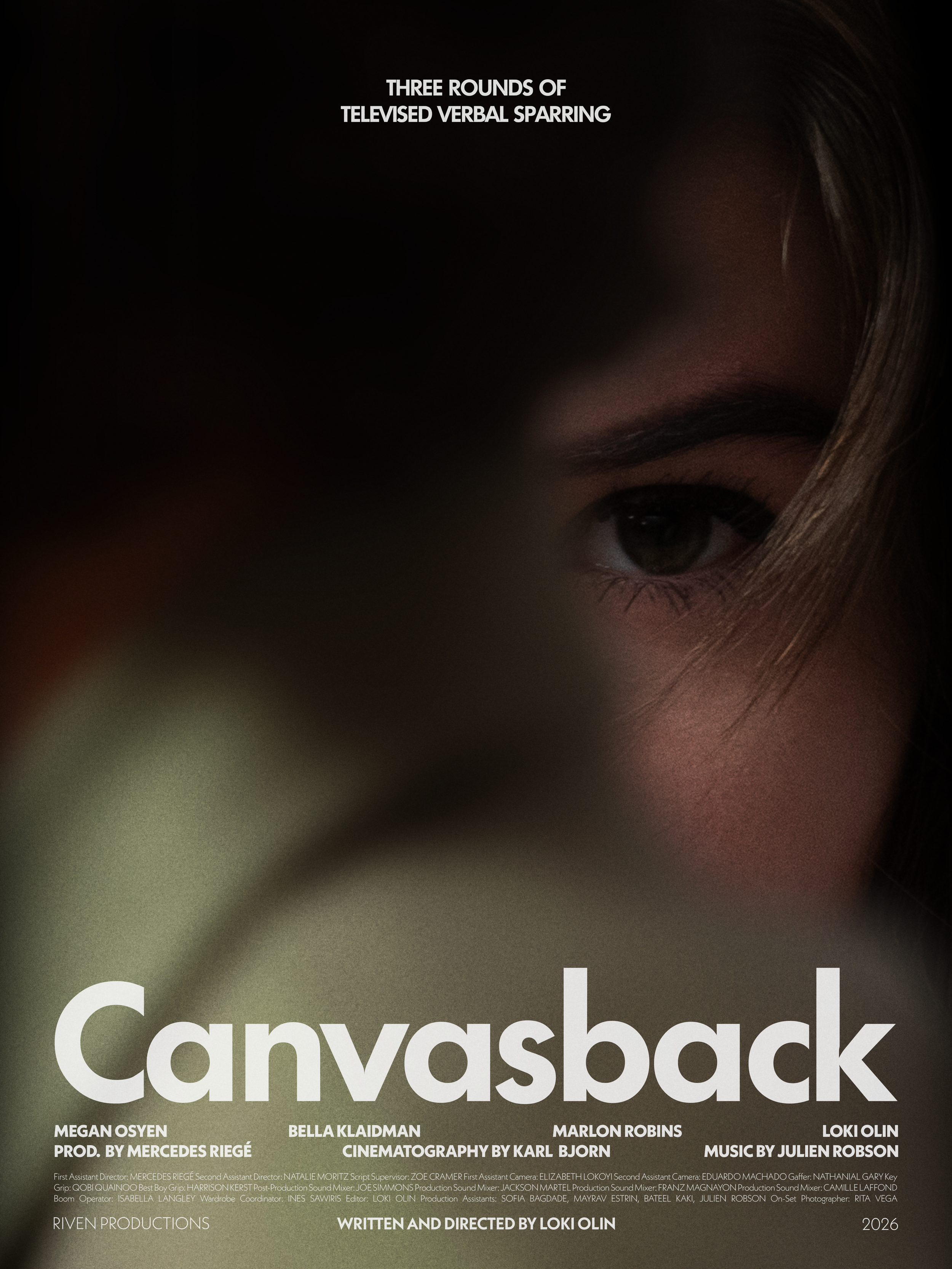 Close-up of a person's face with focus on one eye, partially obscured by a blurred foreground element, for a promotional poster titled 'Canvasback' for a film or project involving verbal sparring, with credits to cast and crew.