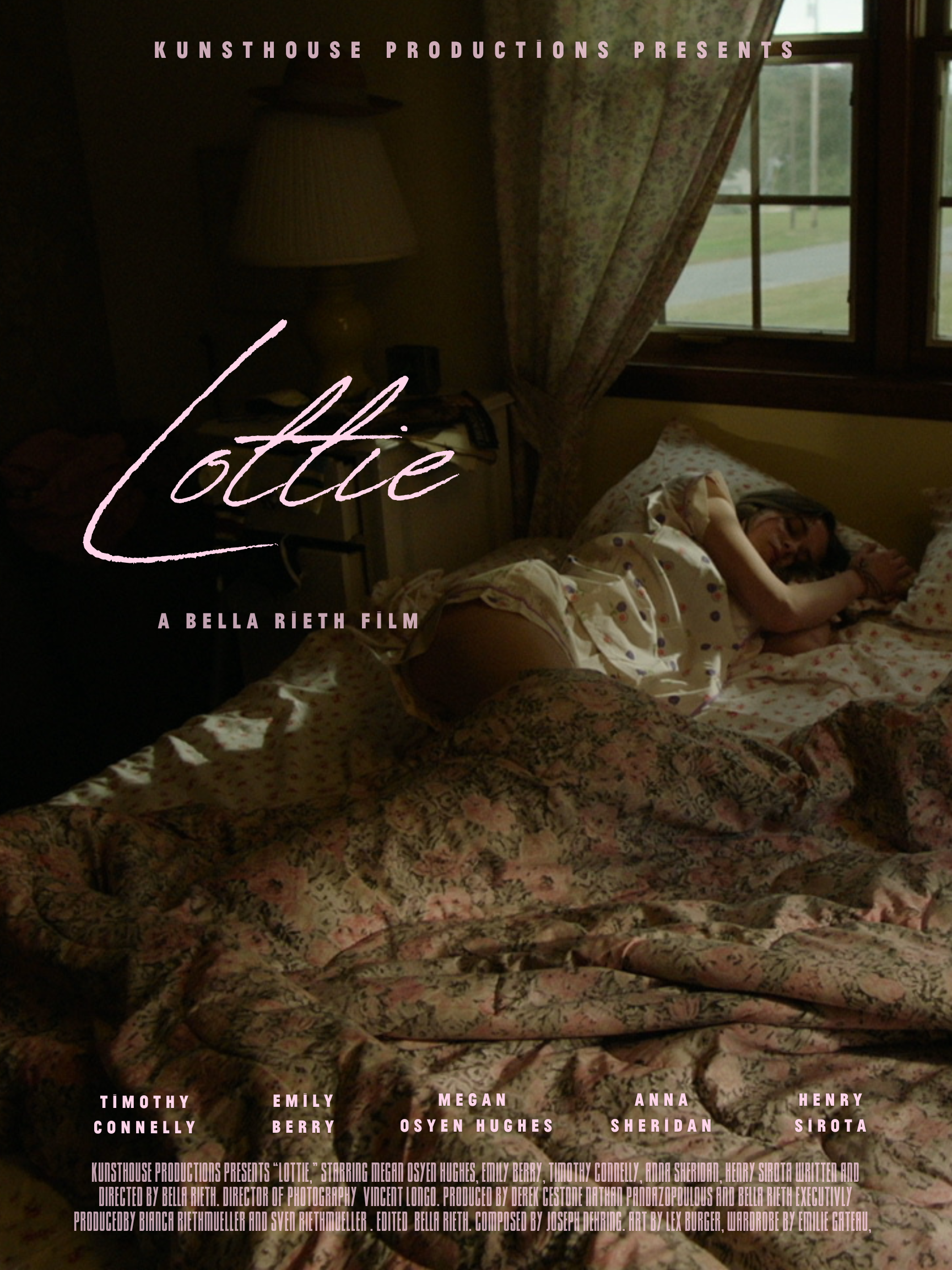 Poster for a film titled 'Lottie', showing a woman lying on a bed in a bedroom with floral bedding and a window in the background, with pink text overlay.