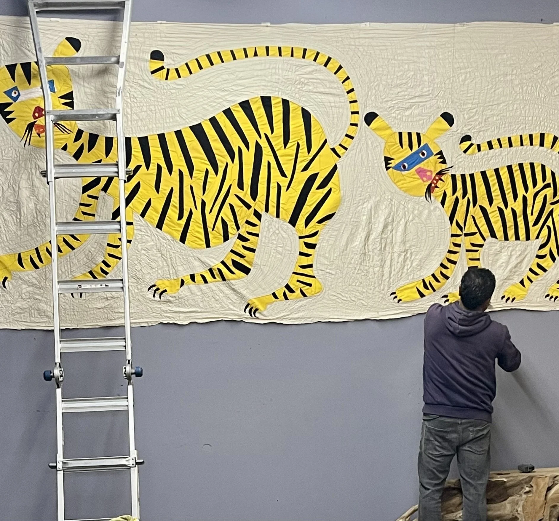 large unique cloth wall hanging with tigers