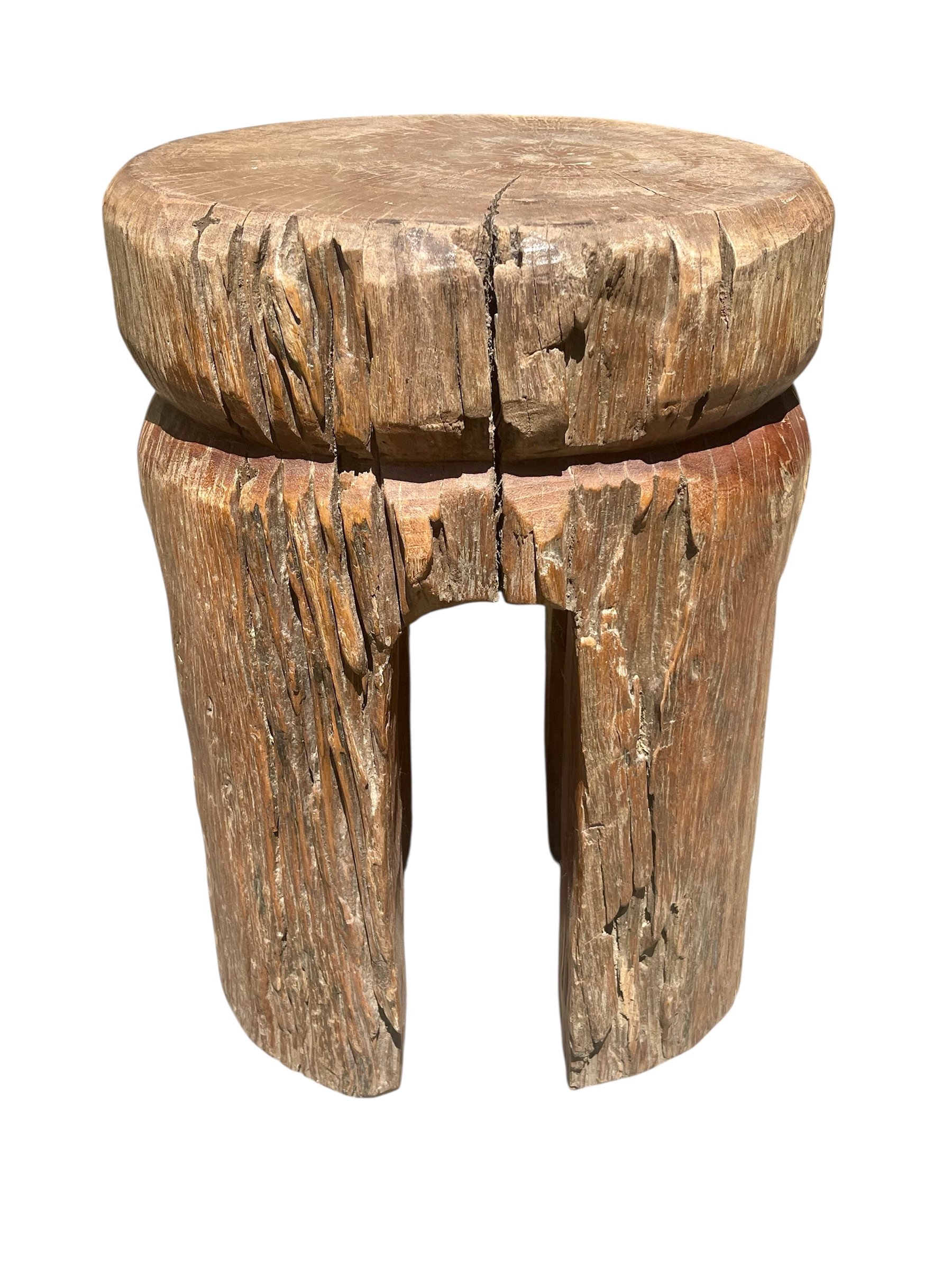 natural wood old reclaimed hardwood pillar stool.JPEG