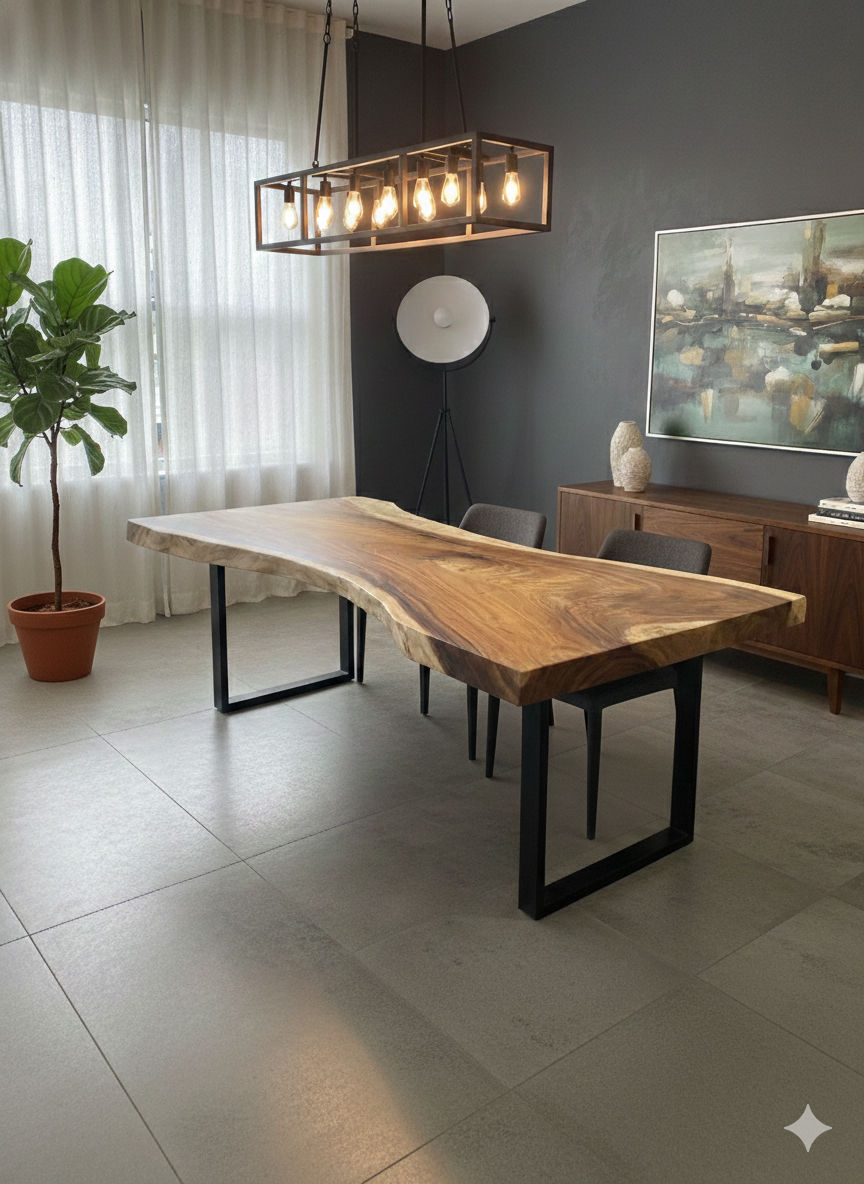 Handcrafted natural wood dining table with live edge and beautiful wood grain.