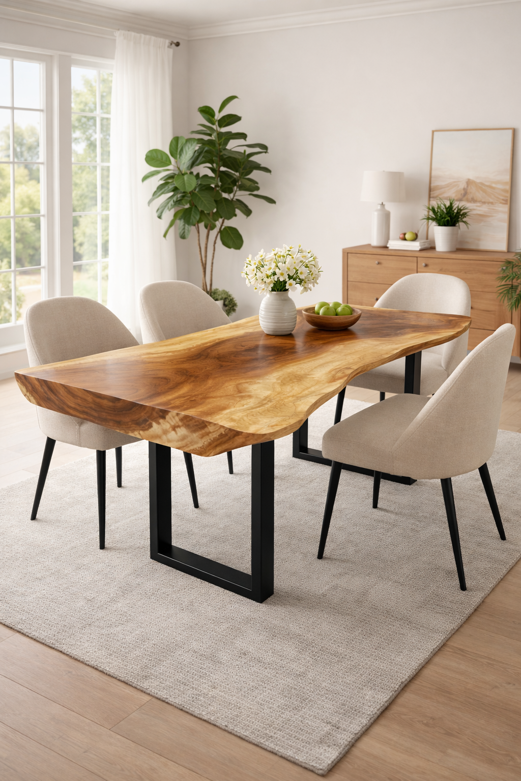 6 foot 6 inch live edge reclaimed wood dining table with black metal legs in a modern dining room setting