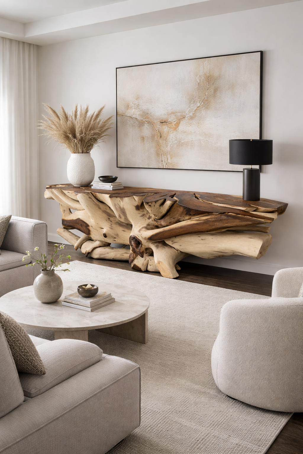 Large live edge root wood console table styled in a modern interior with organic sculptural form