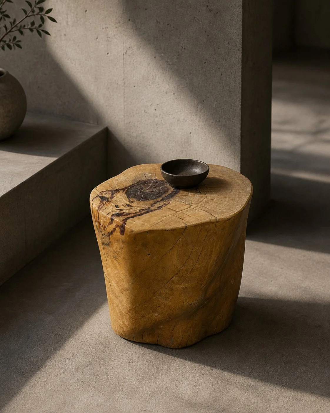 Reclaimed tamarind wood block table, 16x16x18 inches, showing natural grain, cracks, and sculptural organic form.