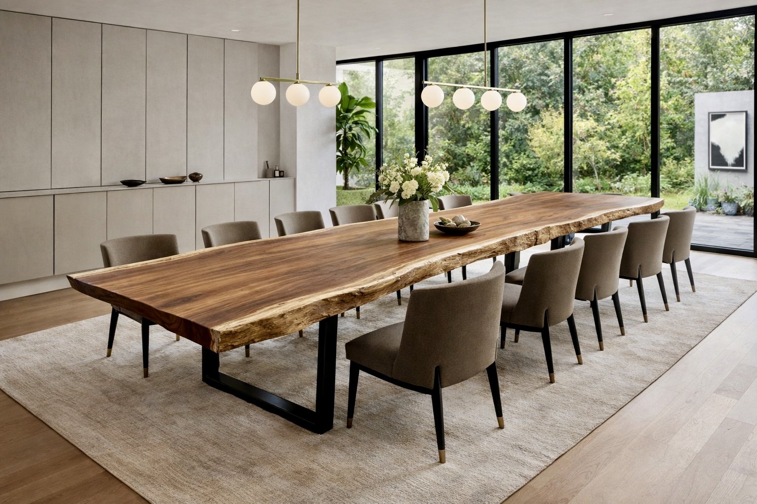 Large live edge wood dining table with organic edges in a contemporary dining room setting