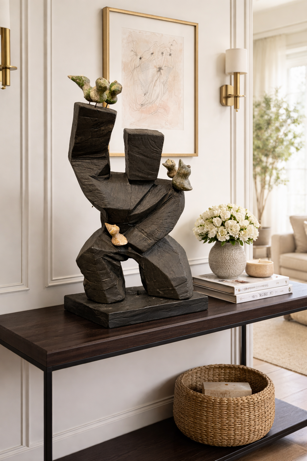 Hand-carved abstract wood sculpture with birds and organic natural design.