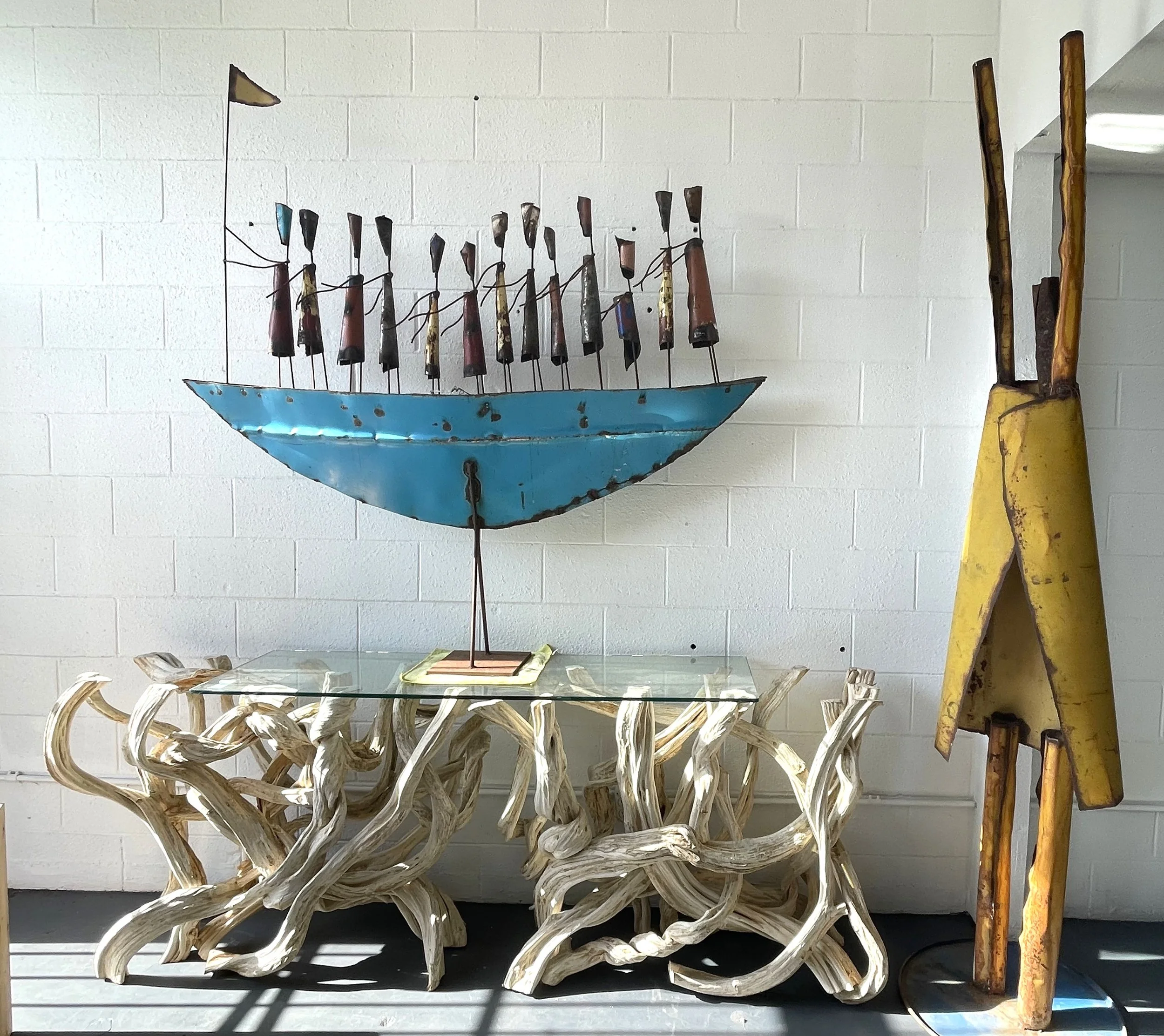 metal art standing sculpture and boat