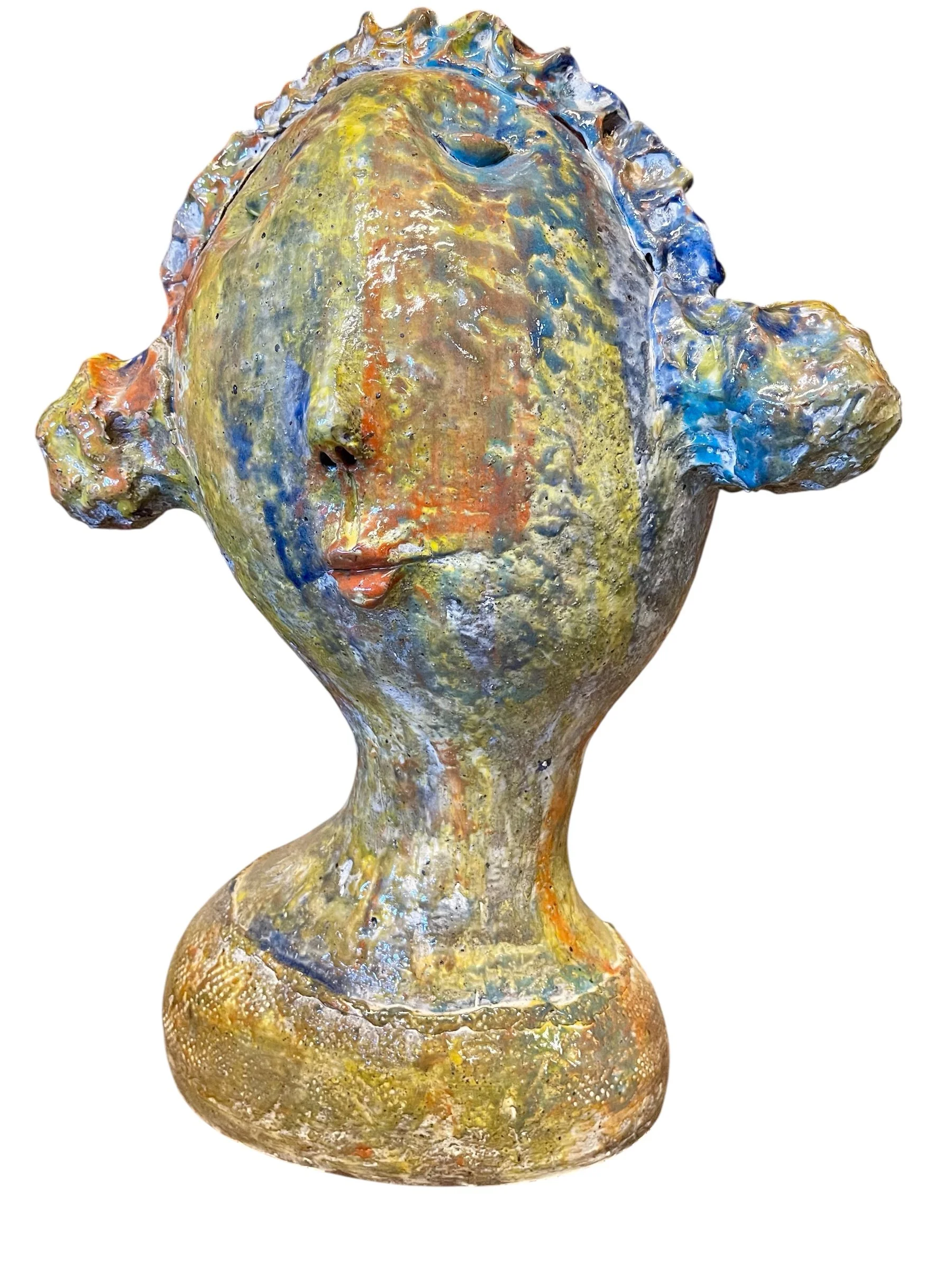 one-of-a-kind handcrafted ceramic bust sculpture with multicolor glaze