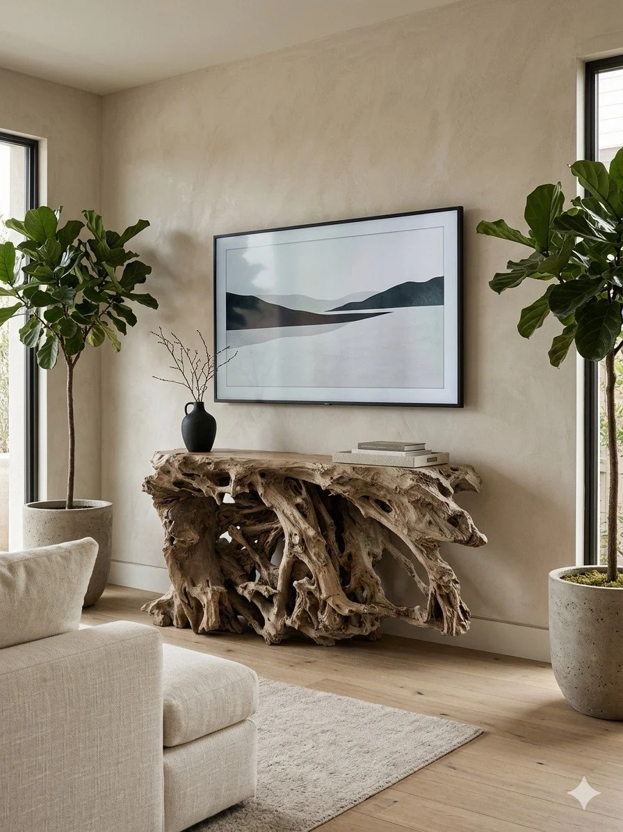 teakwood console table in a modern room