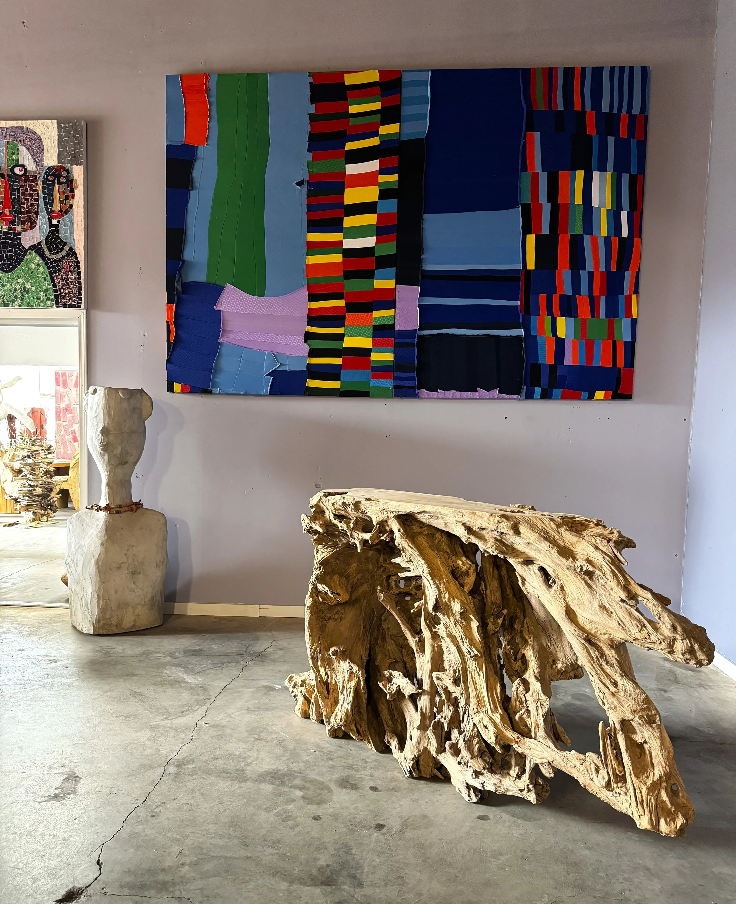 cloth wall hanging, root console, cement sculpture