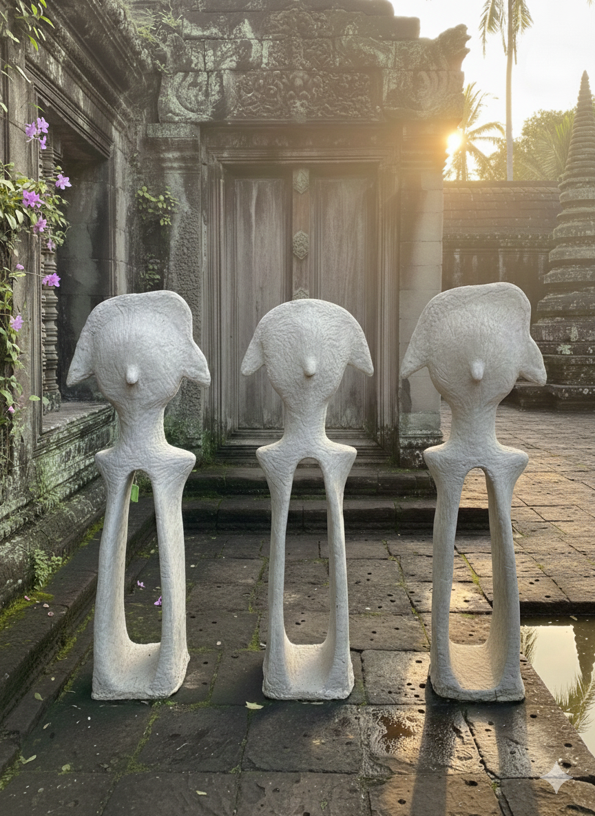 three tall cement humanoid sculptures pictured in a temple setting