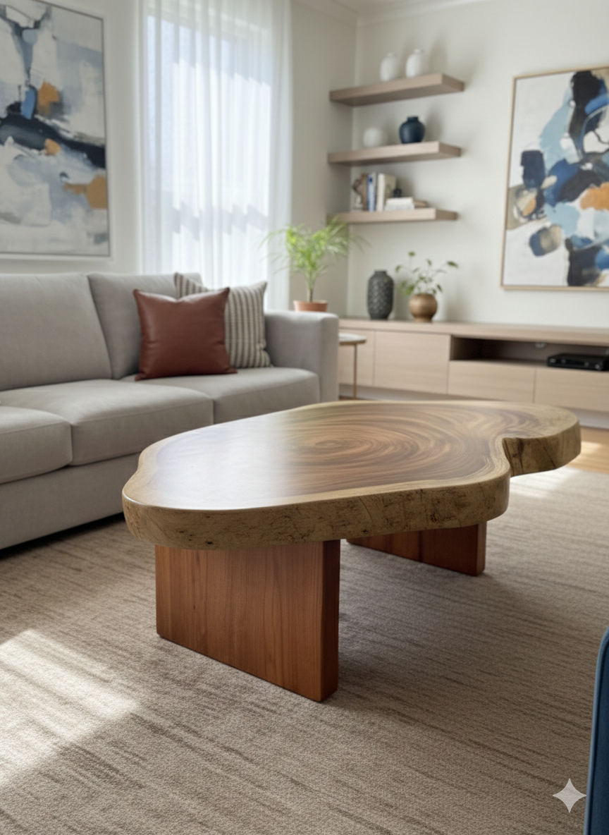 beautiful wood grain and shape in this free form coffee table
