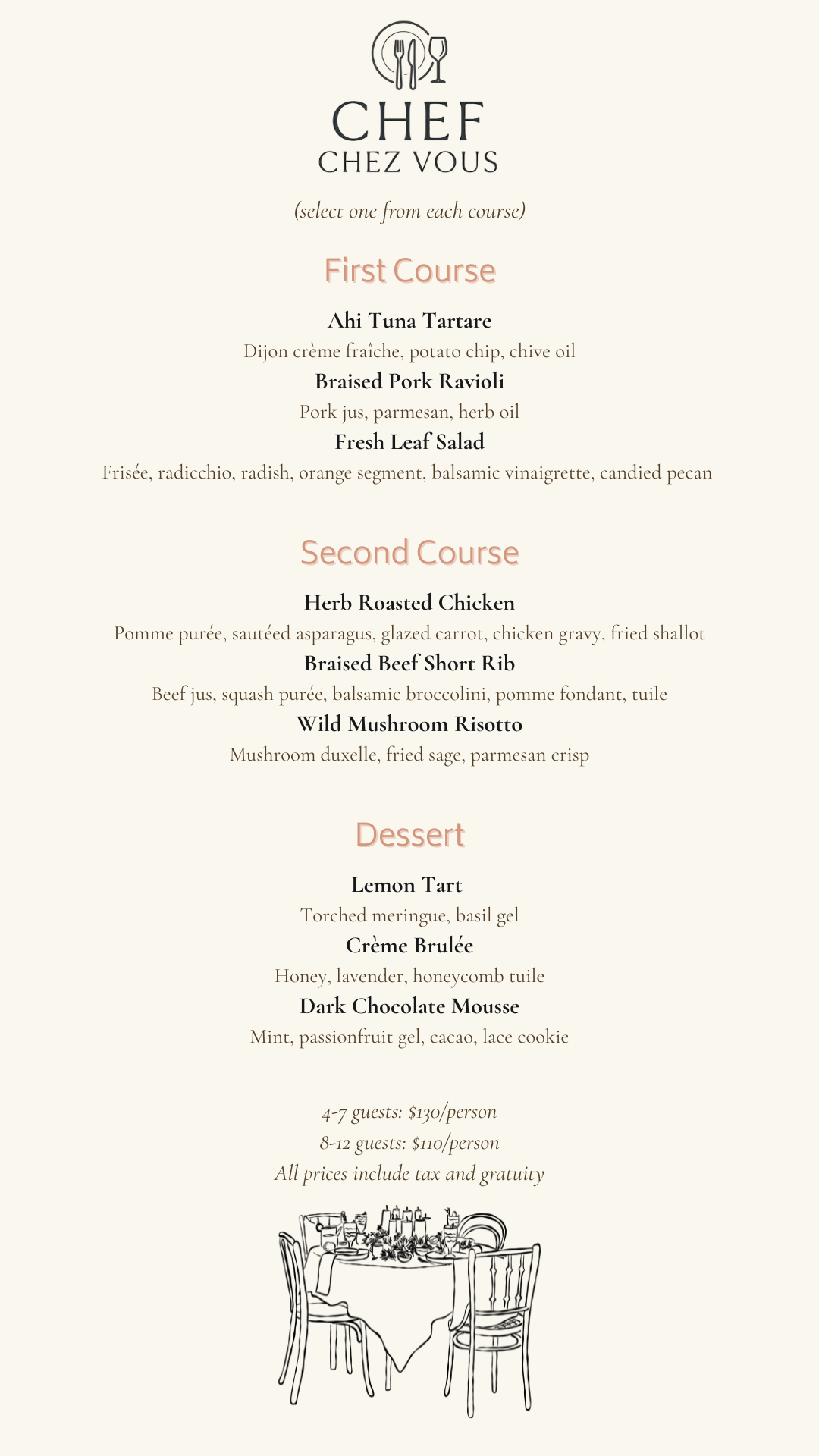 Menu with courses for a French-inspired dining experience, including appetizers, main courses, and desserts, with illustrations of a dining table and chairs at the bottom.