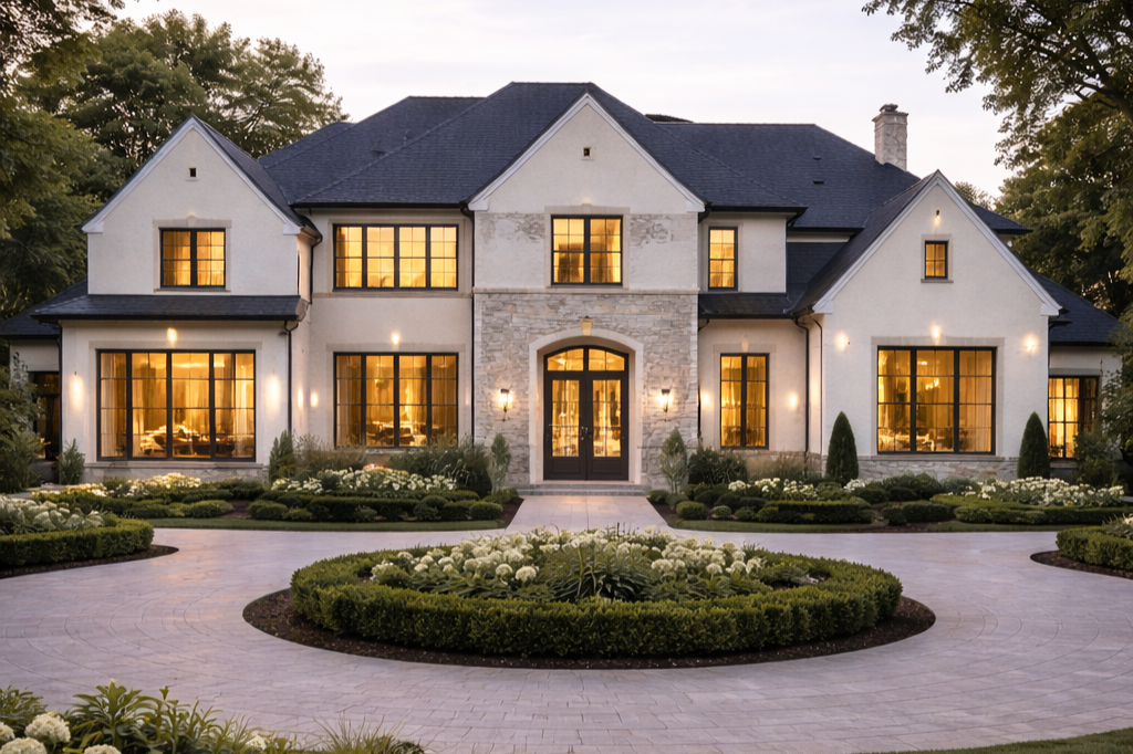 A large, elegant house with a stone and stucco facade, multiple windows with warm lighting, surrounded by neatly landscaped gardens and a circular driveway.