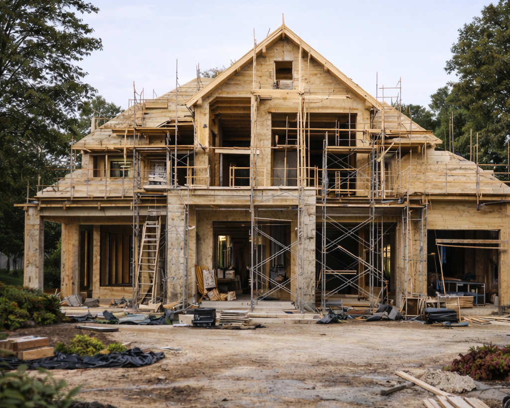 A large house under construction with exposed wooden framework and scaffolding.