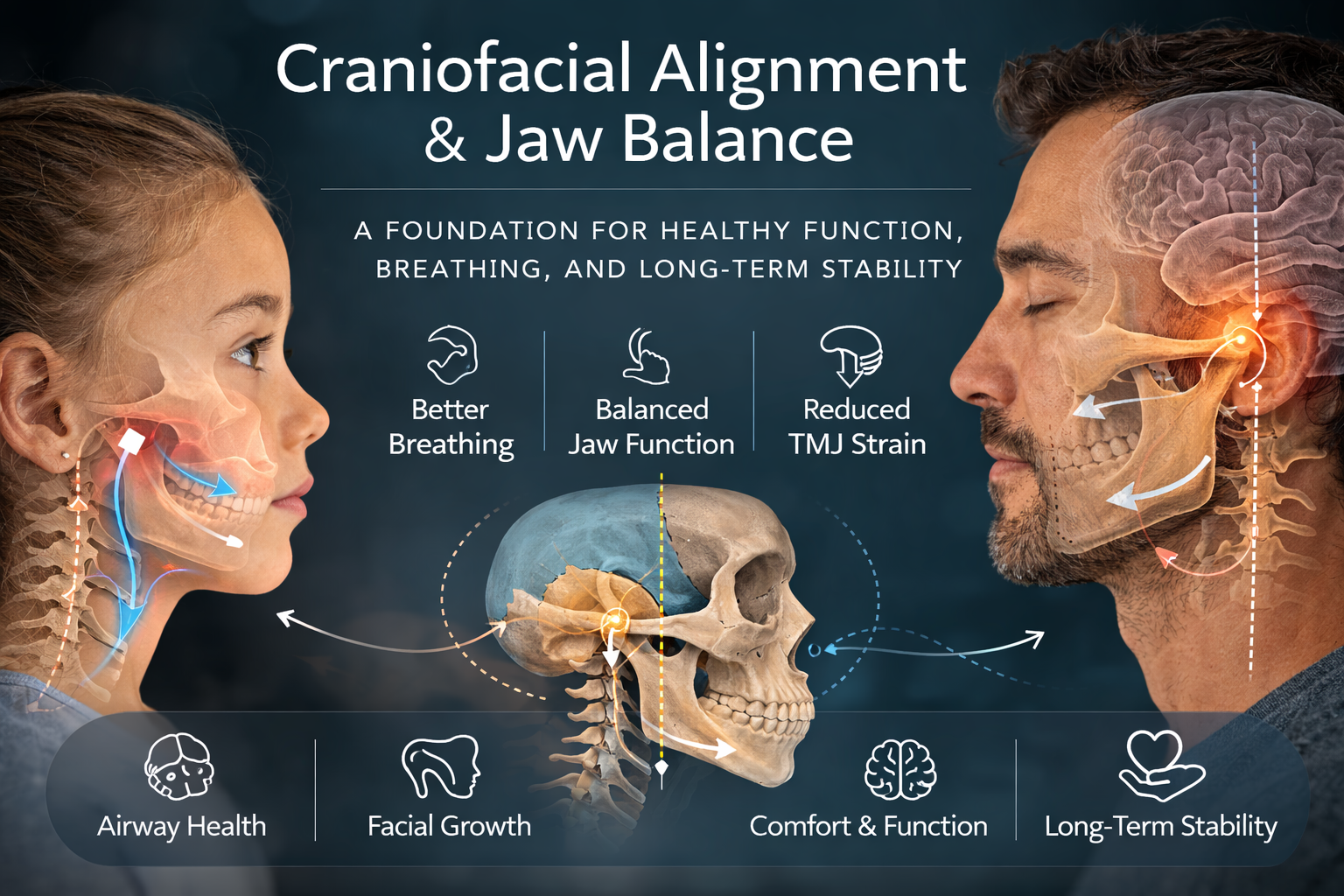 Infographic showing the benefits of craniofacial alignment and jaw balance, including better breathing, balanced jaw function, and reduced TMJ strain, with illustrations of a young girl and an adult man facing each other, a skull diagram, and icons representing airway health, facial growth, comfort and function, and long-term stability.