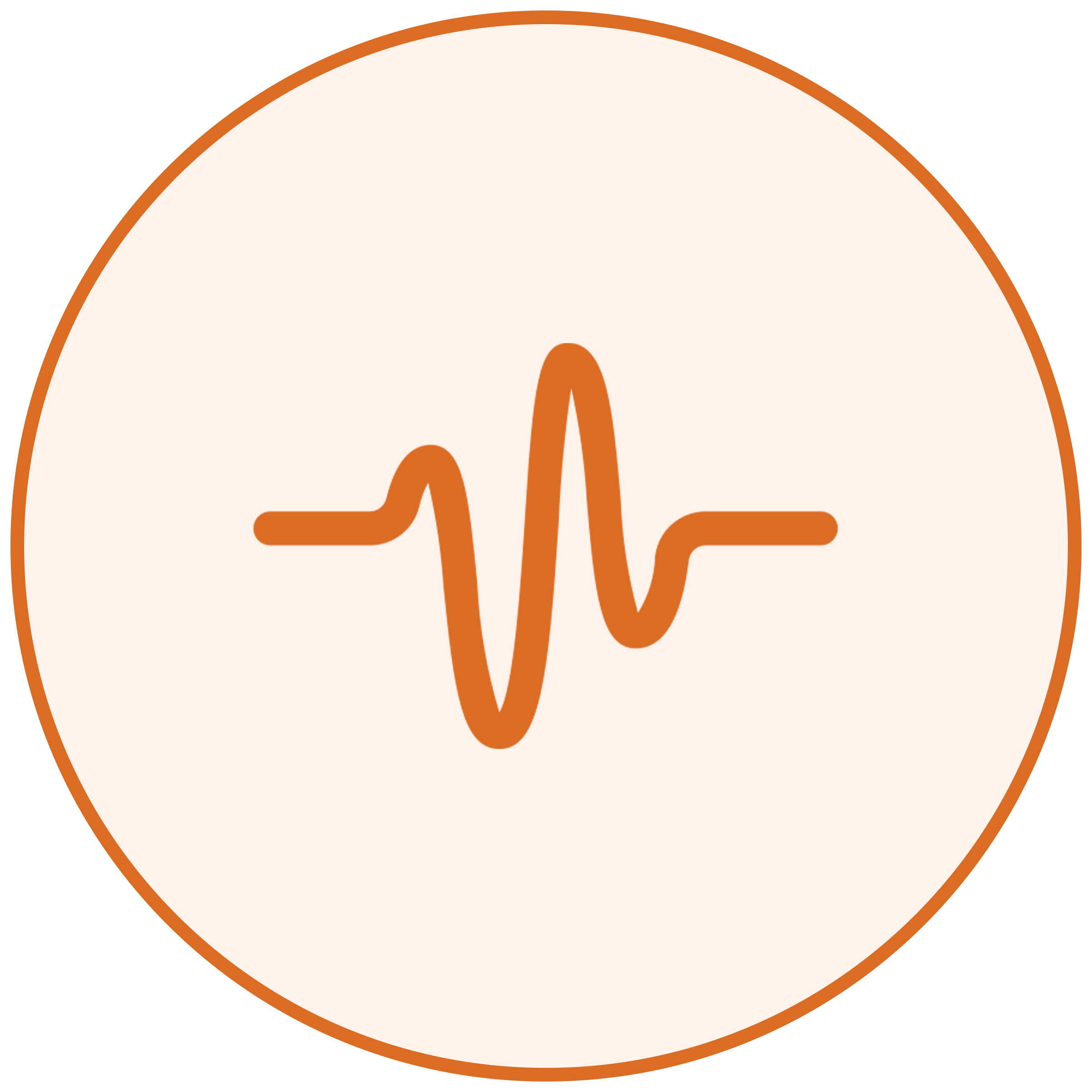 Close-up of a stylized orange and beige heart rate or electrocardiogram line on a circular beige background with an orange border.