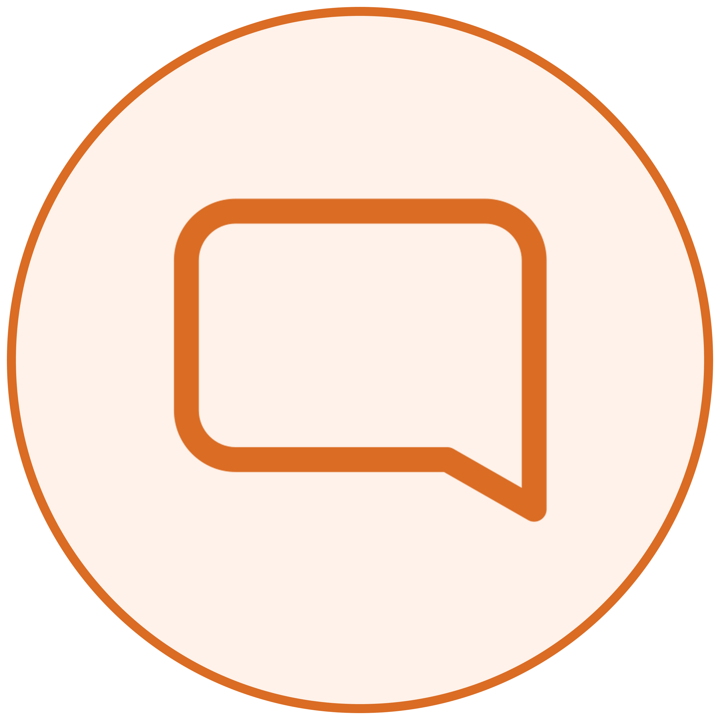 A digital illustration of a speech bubble with an orange outline, set against a beige background.
