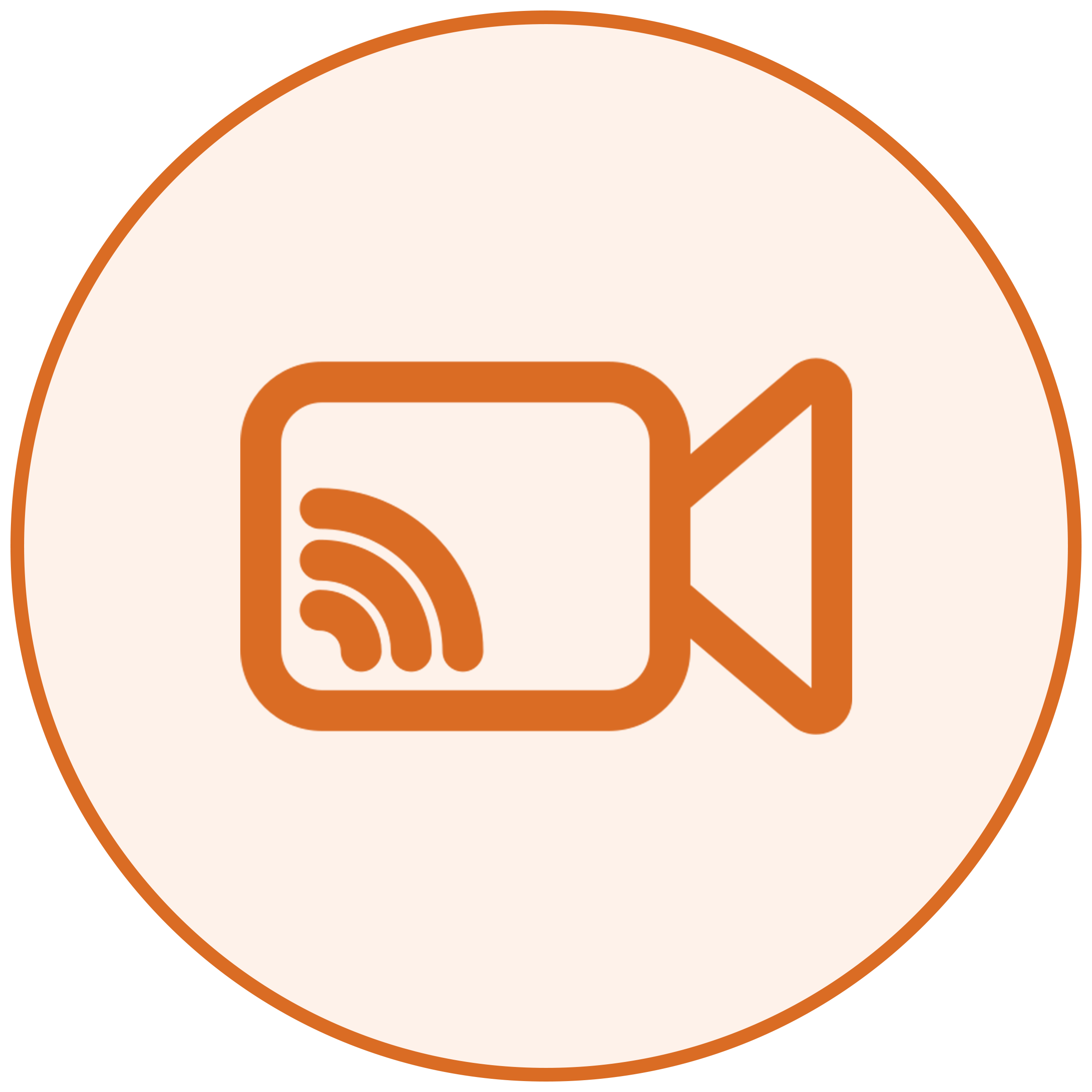 Close-up of a logo featuring a speech bubble with rounded corners and a stylized 'S' inside, outlined in orange on a circular background.