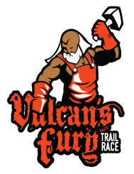 A muscular character in red and white clothing holding a large axe, with the text 'Vulcan FURY trail race' underneath.